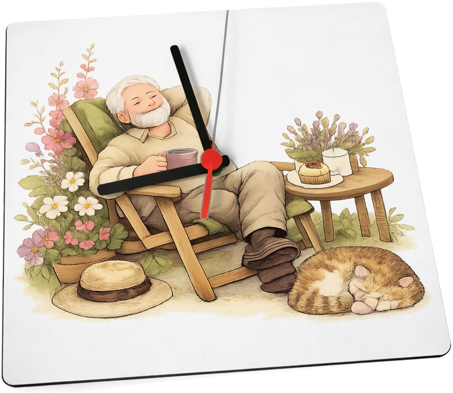 Mr Cadeautjes Klok 19 x 19 - design Een vrolijke overgangsillustratie rond vrijetijd en rust, me | cadeau Wit