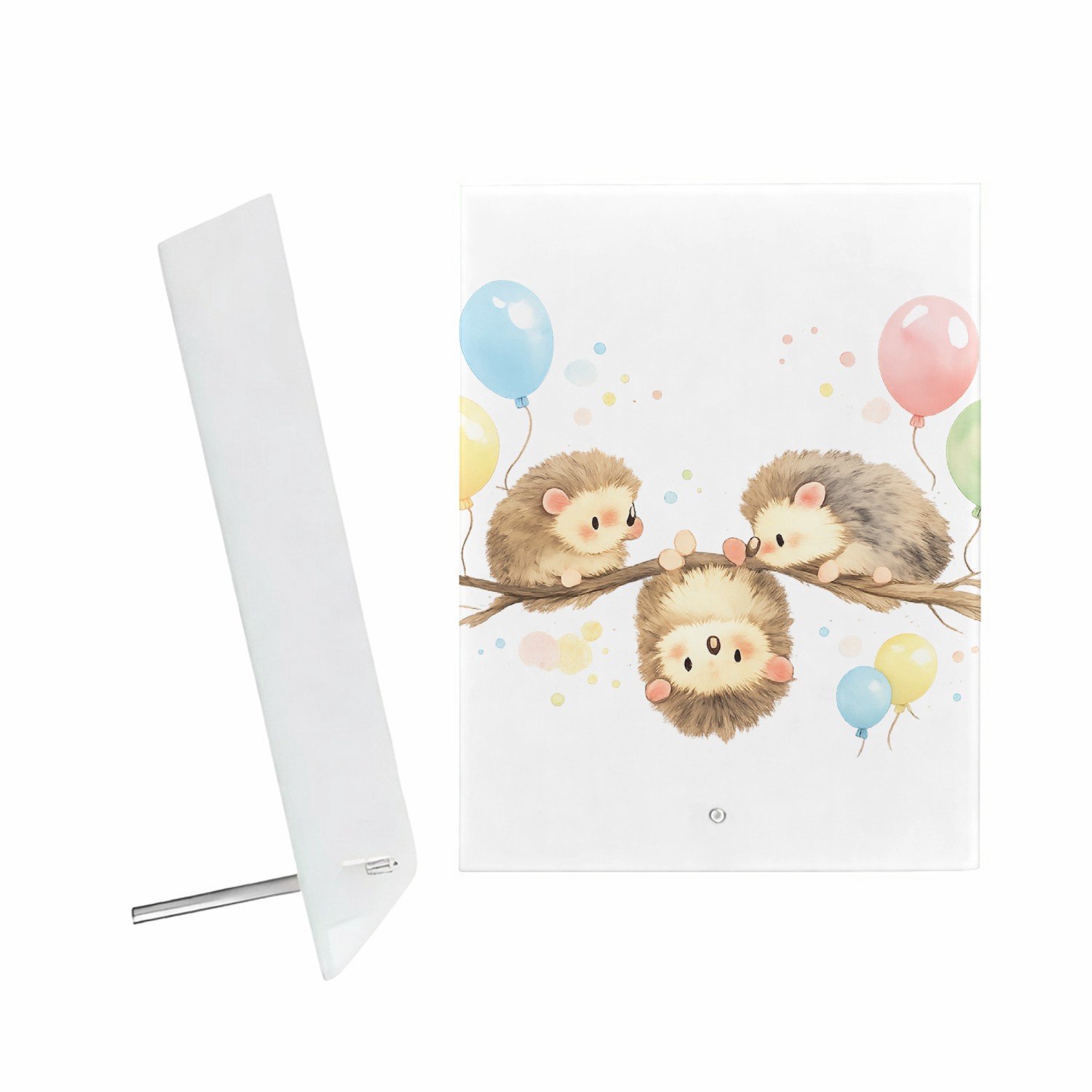 Mr Cadeautjes Glazen fotopaneel Een zachte aquarelillustratie van drie kleine dieren op een - 15 x 20 cm, staand - glas, decoratie, wanddecoratie | cadeau Wit