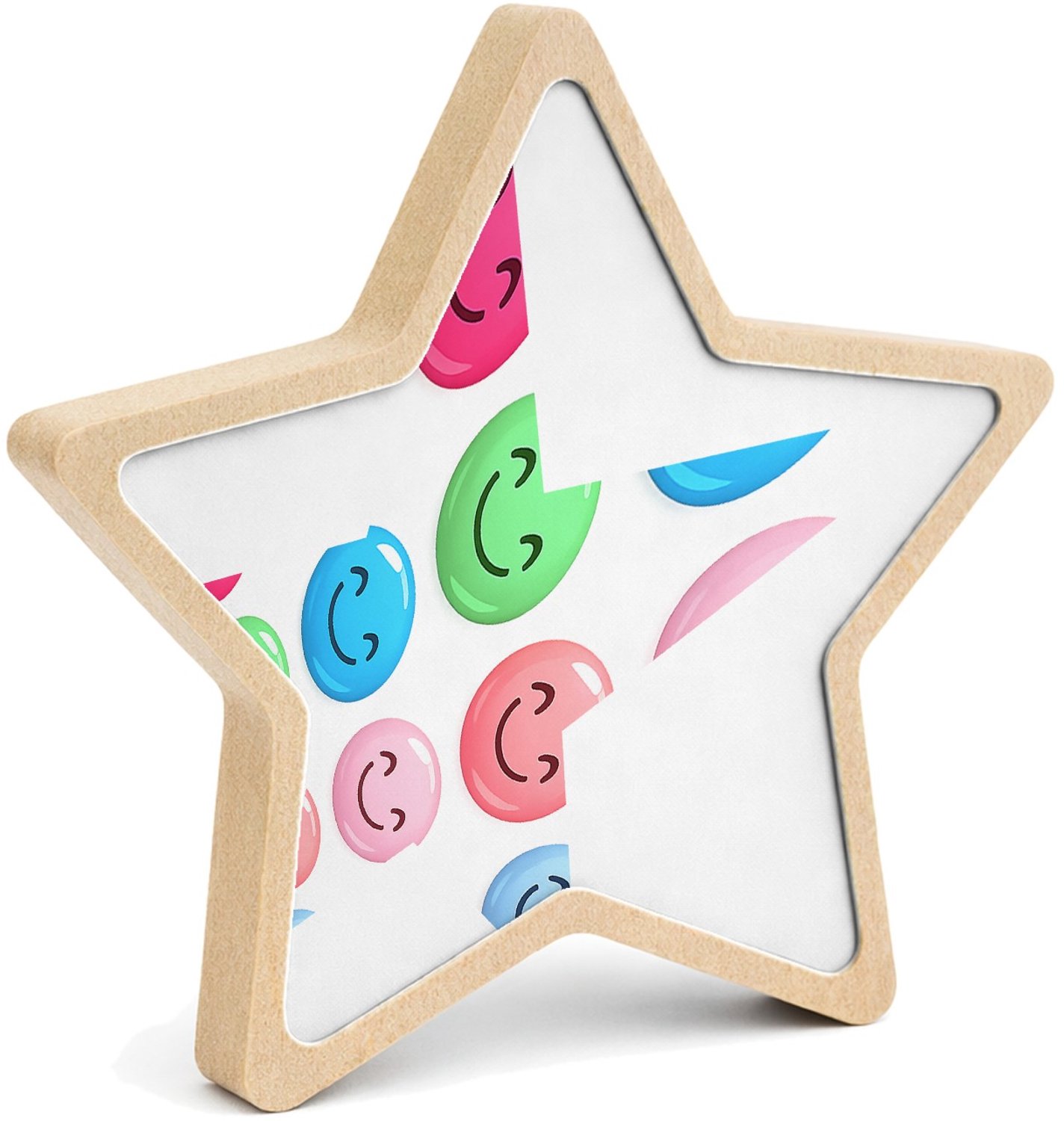 Mr Cadeautjes MDF fotolijst ster 14 x 13,5 - design Ronde regenboog-icoontjes met vrolijke mini-symbolen in een | cadeau Wit