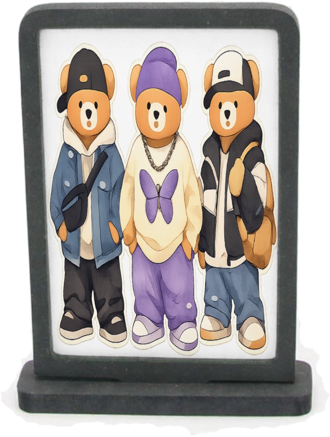 Mr Cadeautjes Houten fotolijst rechthoek met MDF inleg - design Een trio van konijnen als hippe stadsfiguren met jassen, pet | cadeau Wit