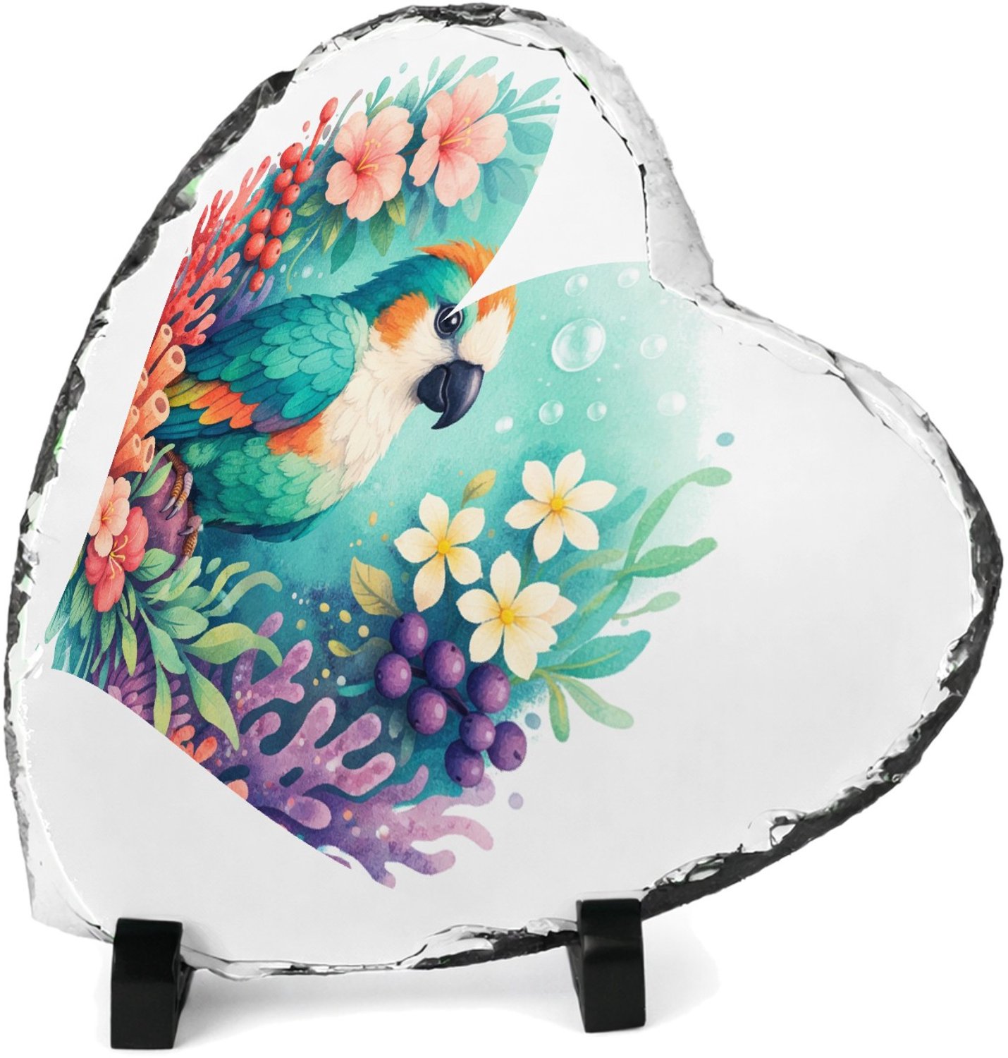 Mr Cadeautjes Leisteen hart 14 x 14 - design Een tropische vogel in een weelderige bloemenzee met bladere | cadeau Wit