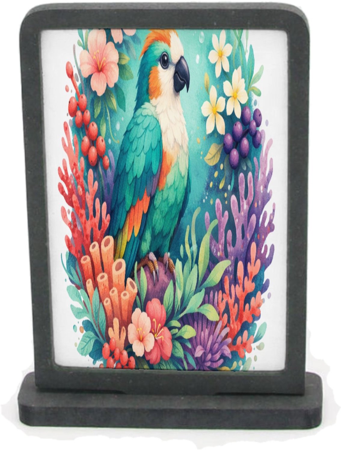 Mr Cadeautjes Houten fotolijst rechthoek met MDF inleg - design Een tropische vogel in een weelderige bloemenzee met bladere | cadeau Wit