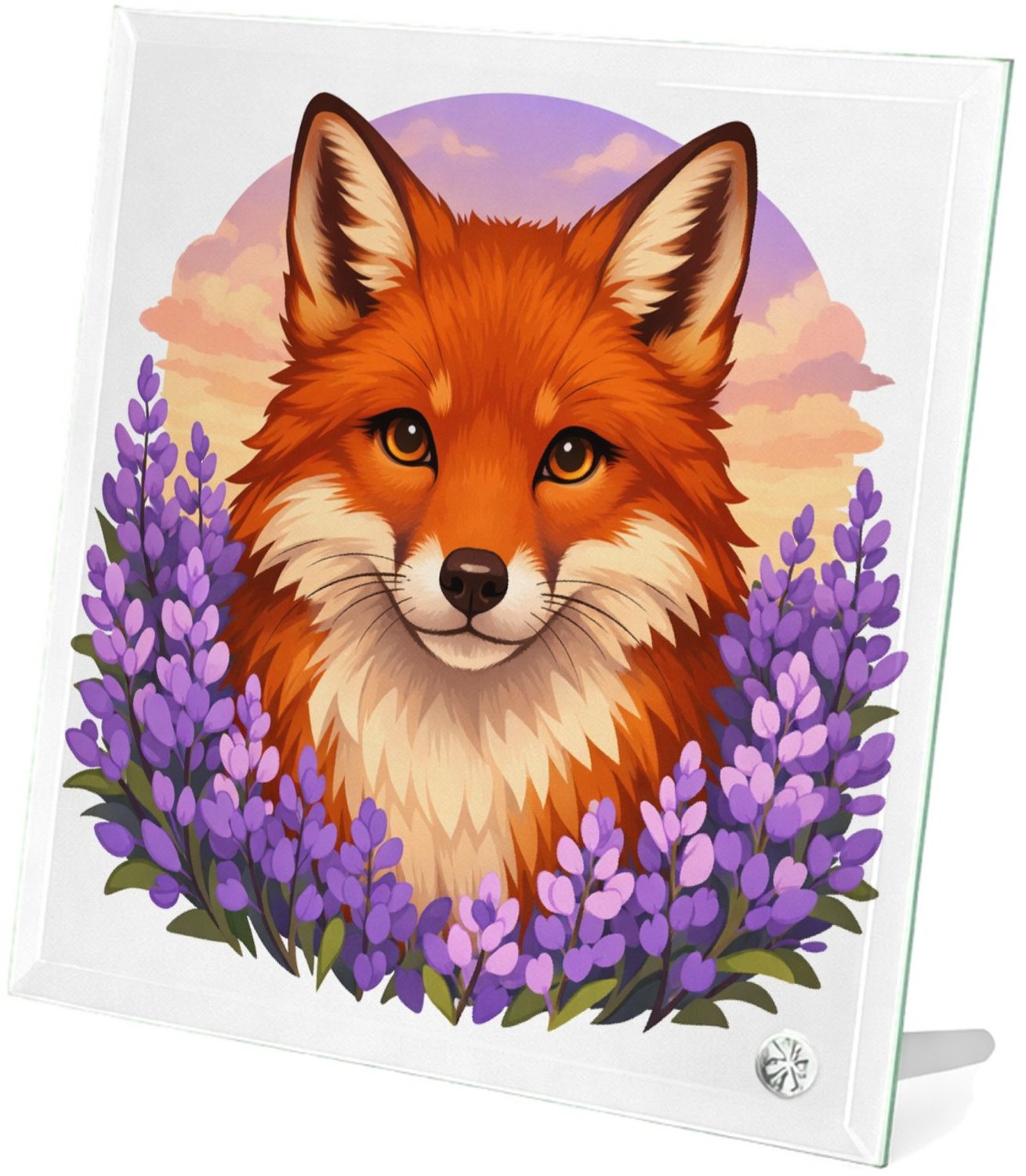 Mr Cadeautjes Glasframe 20 x 20 - design Frontaal portret van een vos in een veld van paarse bloemen | cadeau Wit