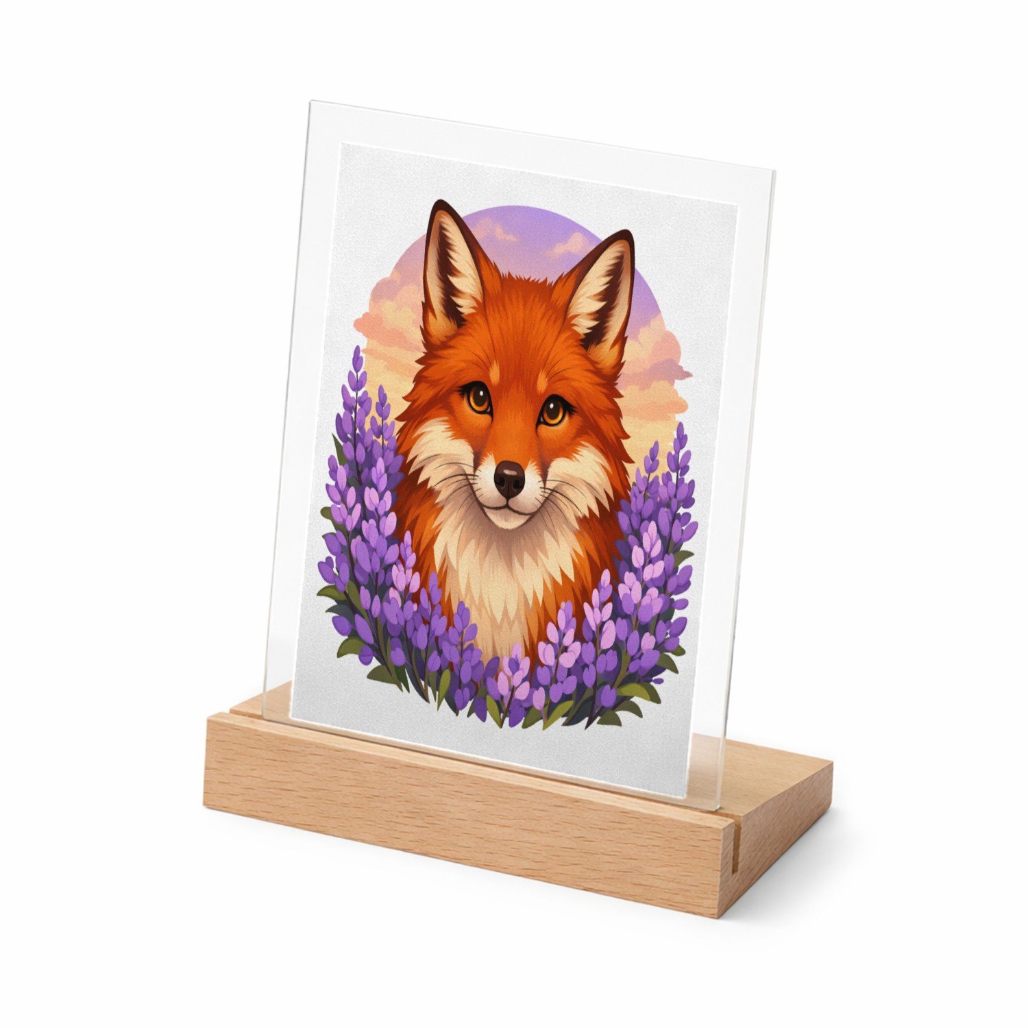 Mr Cadeautjes Glasframe met vaste tekst - design Frontaal portret van een vos in een veld van paarse bloemen | cadeau Wit