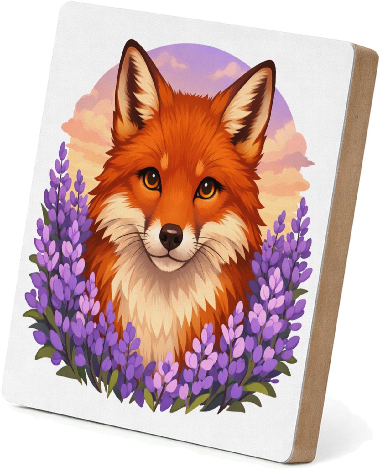 Mr Cadeautjes MDF staande fotolijst 15,2 x 15,2 - design Frontaal portret van een vos in een veld van paarse bloemen | cadeau Wit