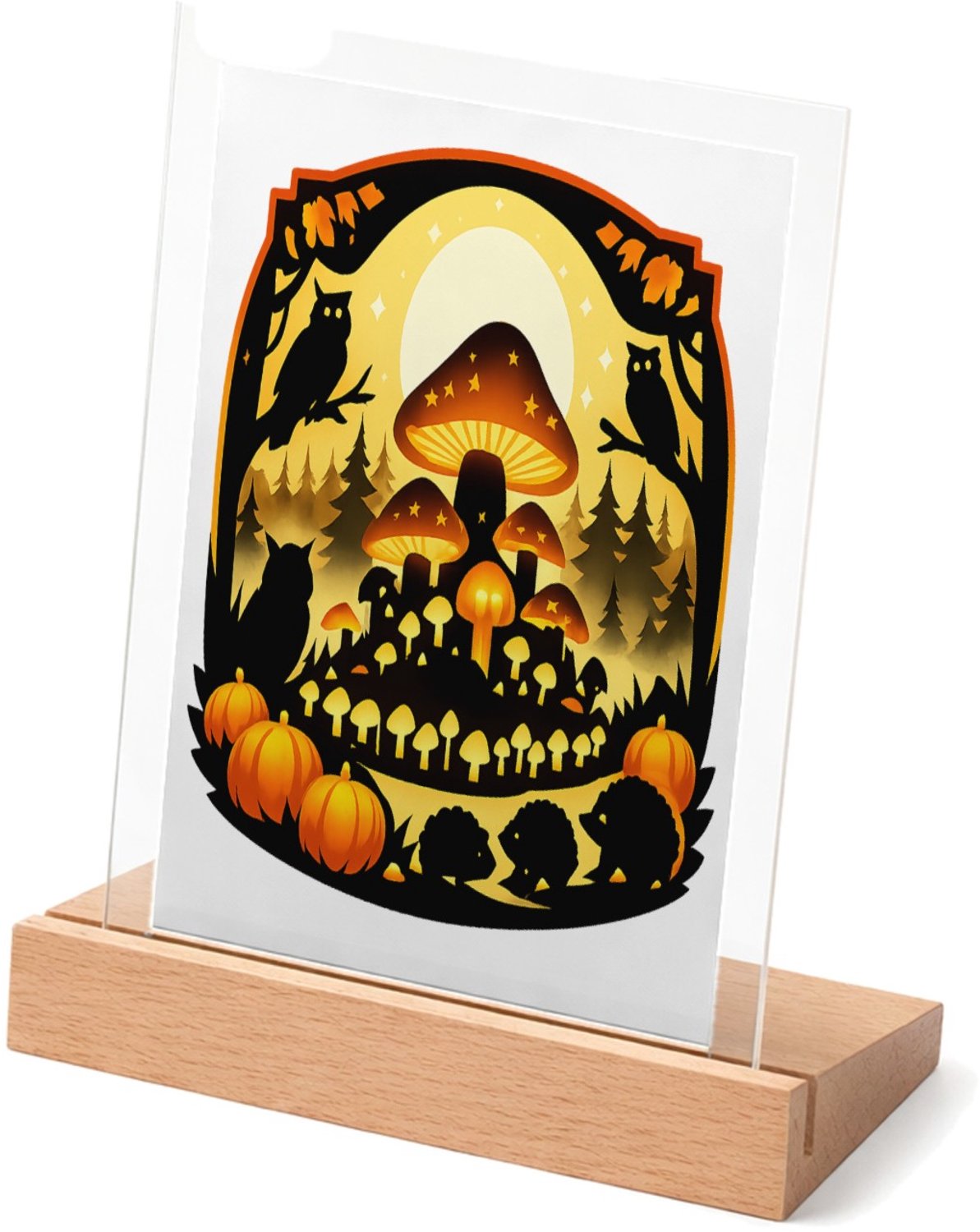 Mr Cadeautjes Glasframe met vaste tekst - design Herfstbos met een grote gloeiende paddenstoelheuvel en klein | cadeau Wit
