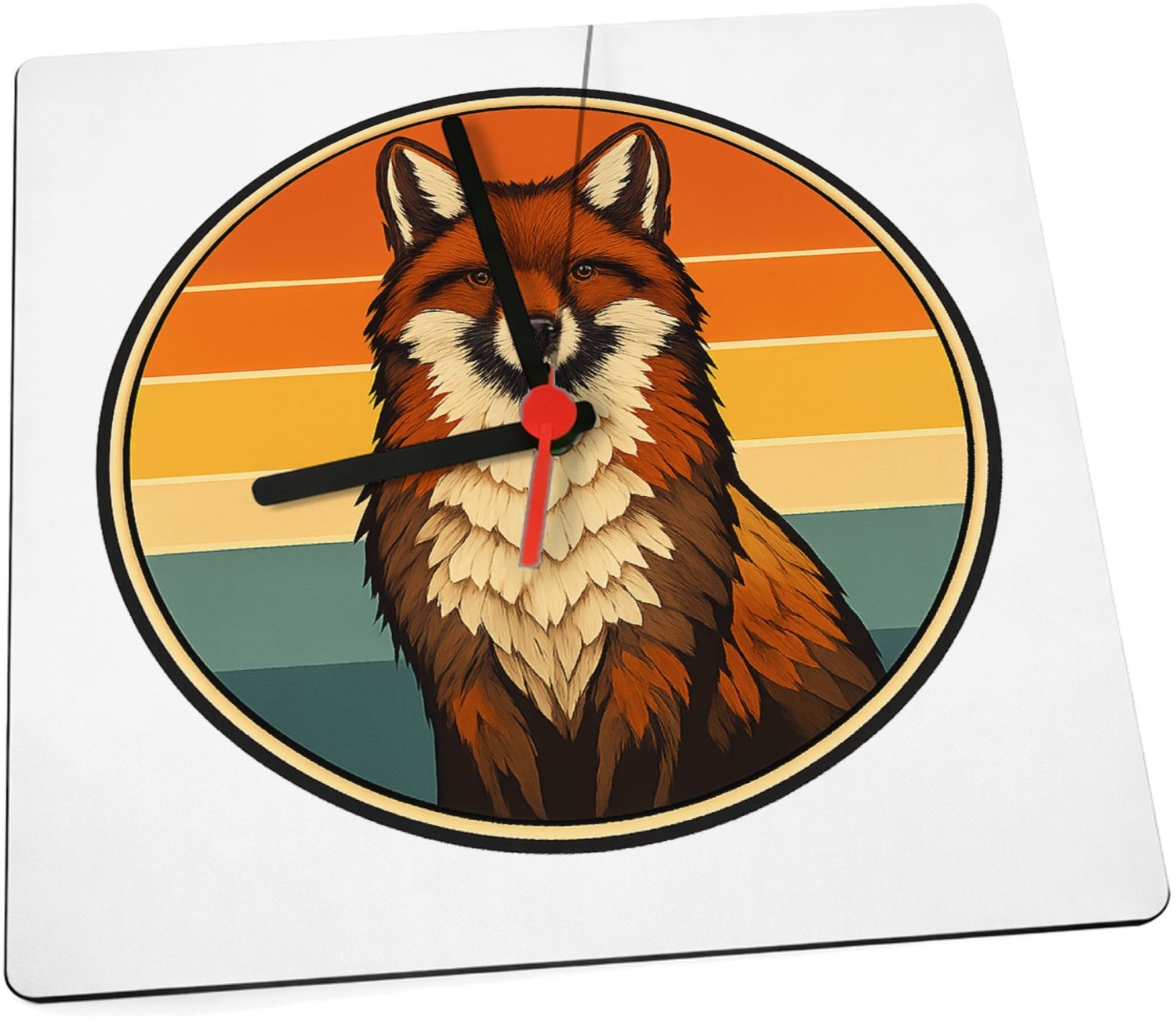 Mr Cadeautjes Klok 19 x 19 - design Een trotse vos op een ronde achtergrond met zonsondergangban | cadeau Wit