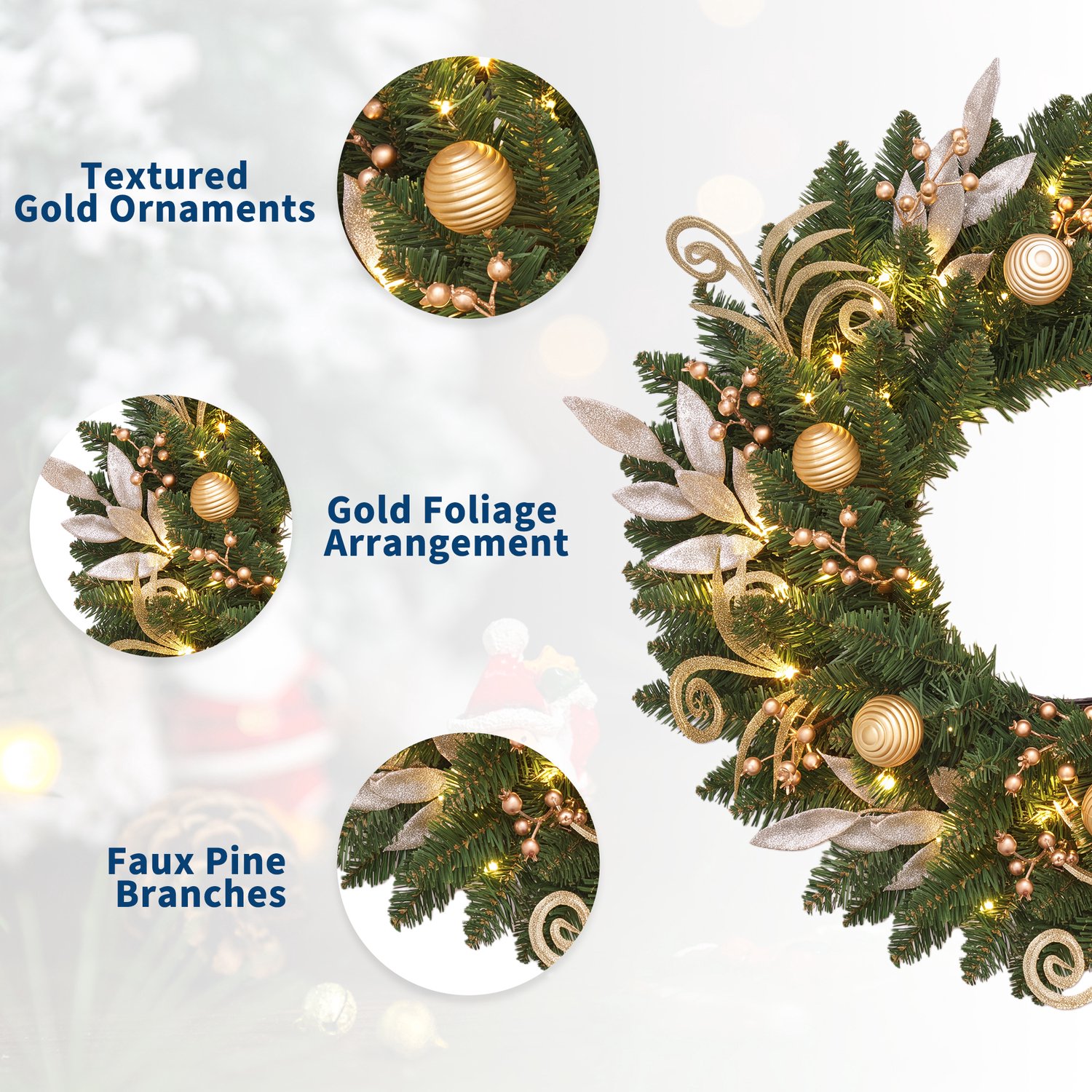 Moderne Kerstkrans 60 cm – Met Gouden Bladeren, Diamantdecoratie & Glitterballen – 50 LED Lampjes – Realistische Dennennaalden – Voor Voordeur, Muur & Raam – Goud – foto 8