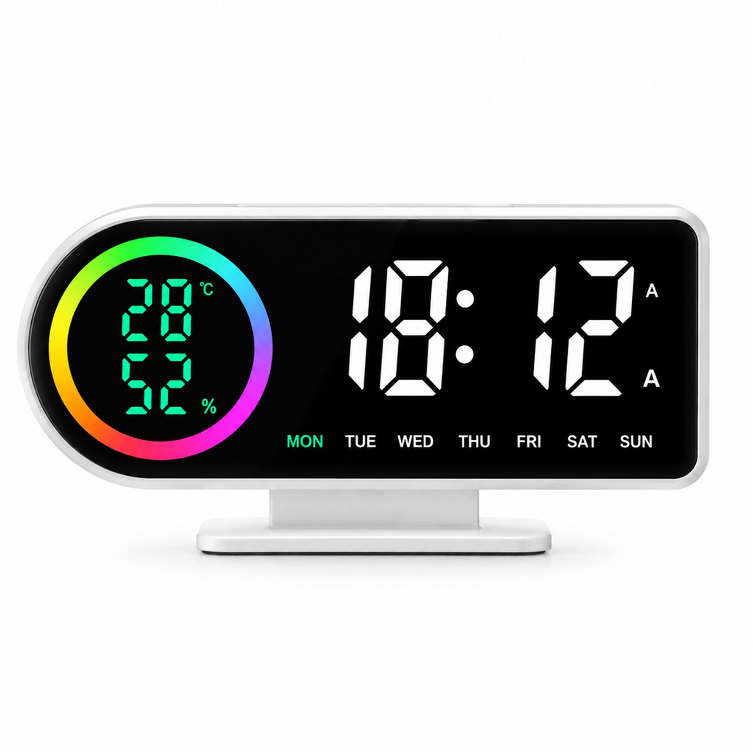 Digitale LED-bureauwekker met temperatuur, luchtvochtigheid en weekdagweergave - Zwarte behuizing, groen licht en voet