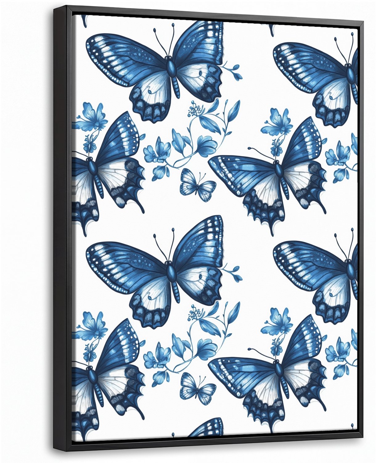 Canvas Schilderij met Baklijst 30x40cm - Blauw - Vlinders - Bloemen - Wit - Muurdecoratie woonkamer - Slaapkamer decoratie - Kamer accessoires - Schilderijen op canvas met lijst