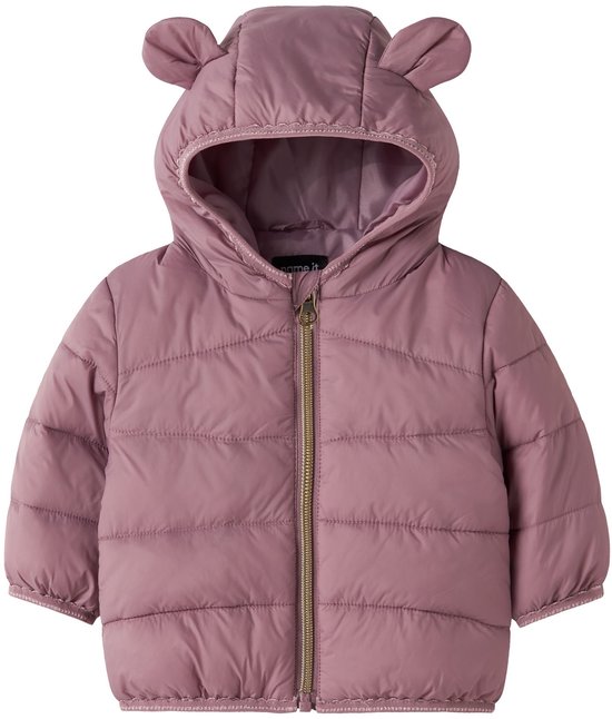 Roze meisjesjas met capuchon, versierd met schattige oortjes en een rits.