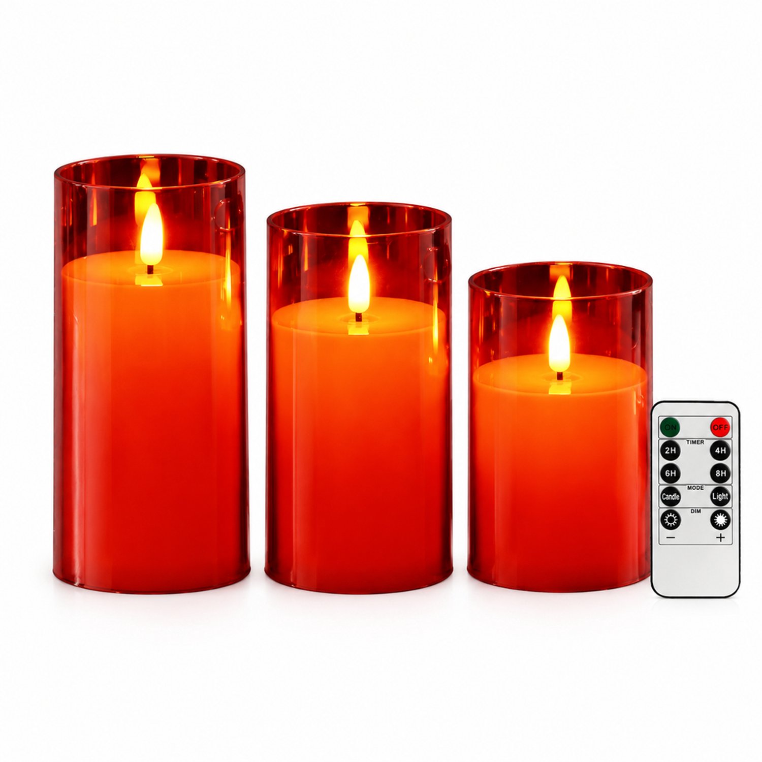 SWGOTA led kaarsen, 3 stuks, rood met transparante cilindervormige omhulling, diameter 7,5 cm, hoogte 10/12,5/15 cm, met afstandsbediening