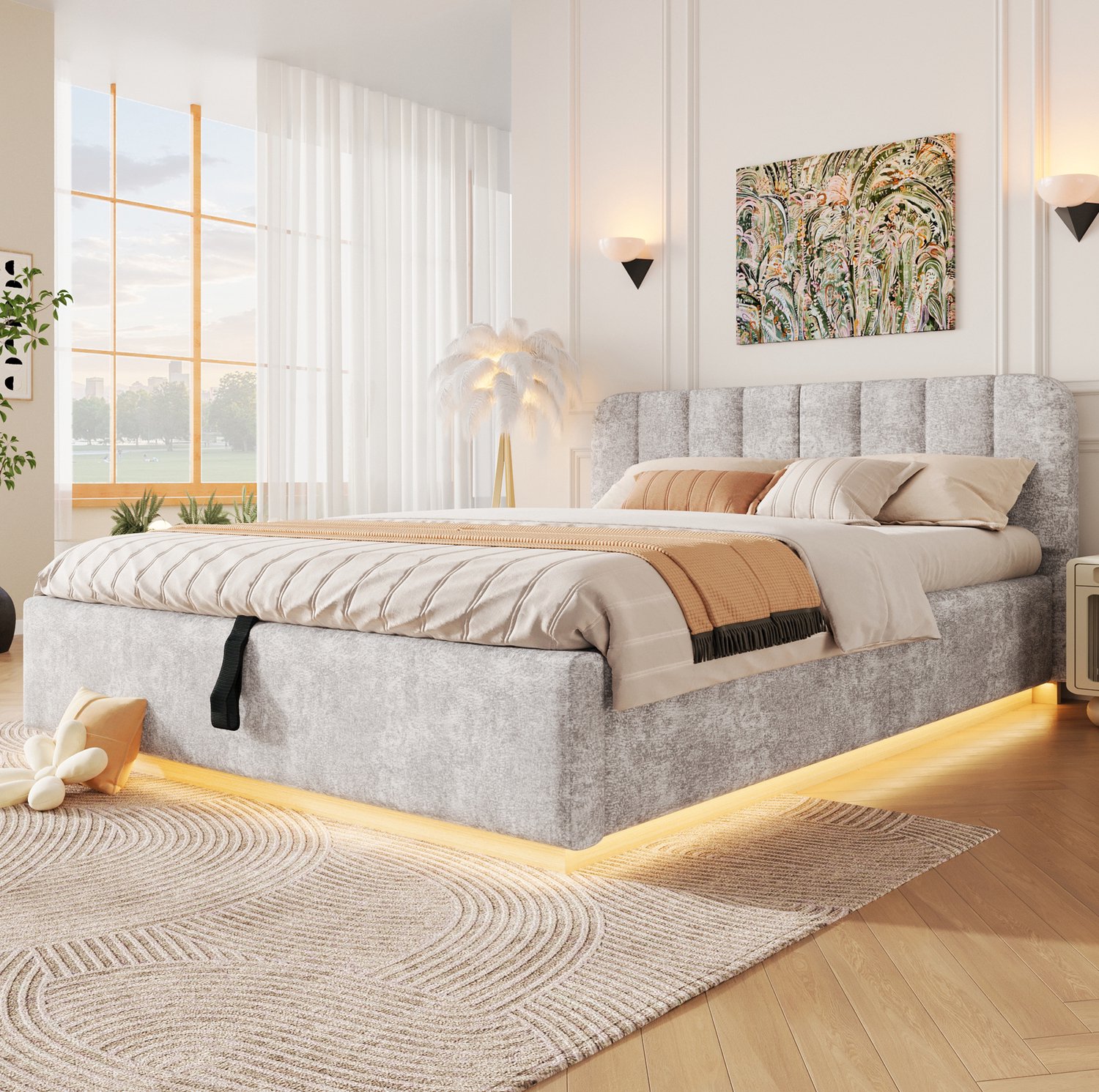 MODFU Tweepersoonsbed - Gestoffeerd - Lattenbodem - Opbergruimte - LED-Verlichting - Lichtgrijs - 140 x 200 cm