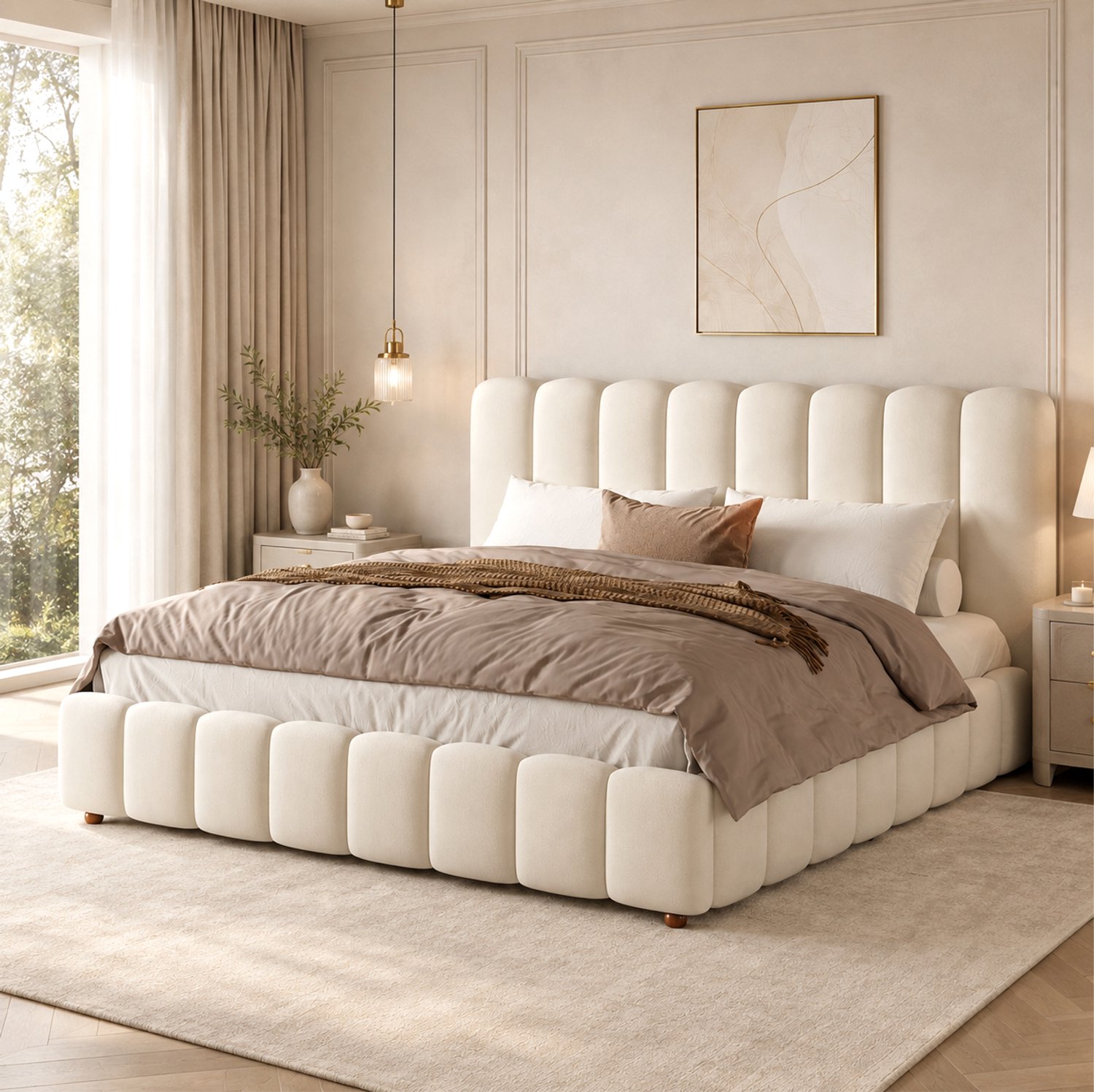 MODFU Tweepersoonsbed - Gestoffeerd Hoofdbord - Lattenbodem - Fluweel - Beige - 200 X 200 Cm