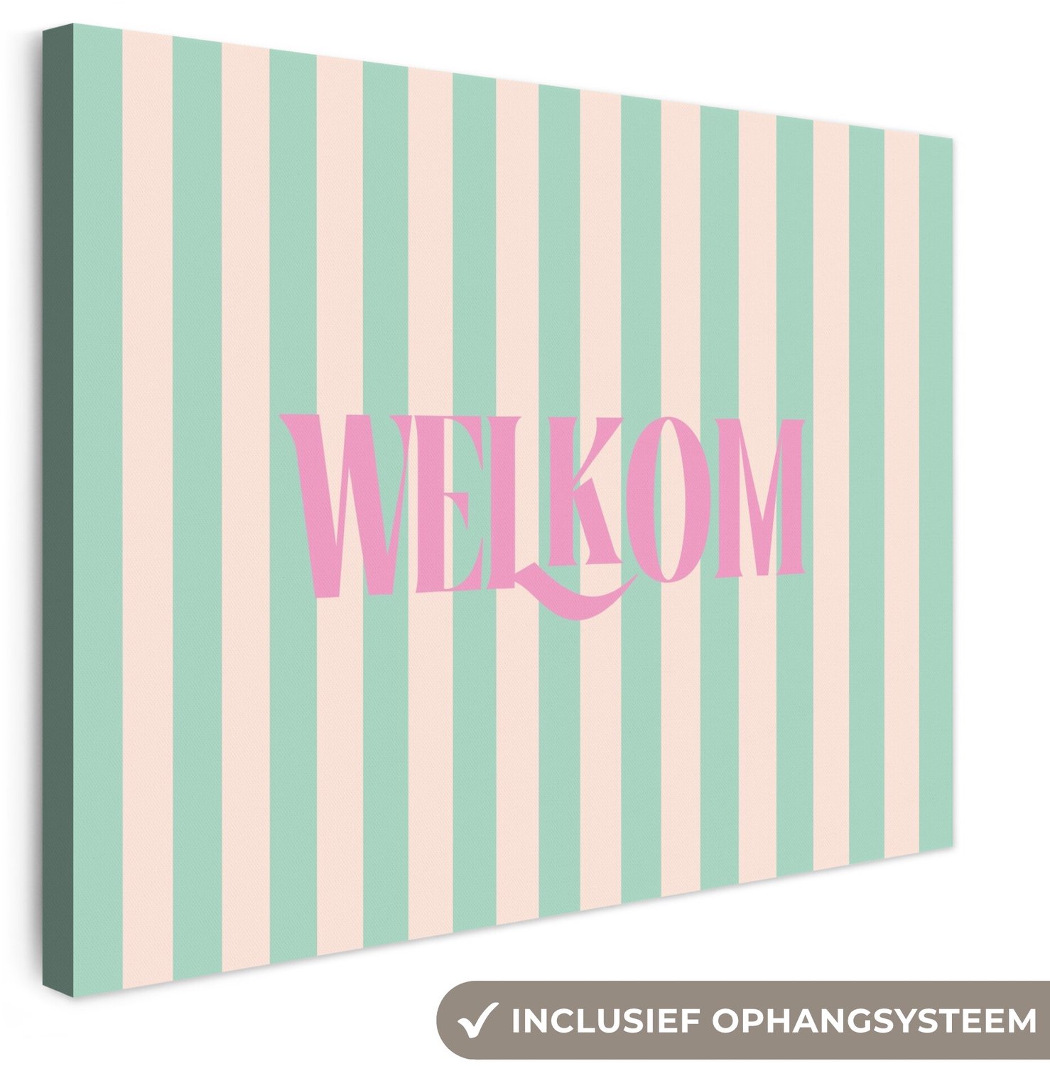 Canvas schilderij 40x30 cm - Exclusieve wanddecoratie Roze - Groen - Strepen - Welkom - Muurdecoratie woonkamer - Slaapkamer decoratie - Kamer accessoires - Schilderijen op canvas