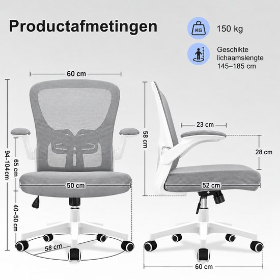 Durrafy Bureaustoel - Ergonomische bureaustoel tot 150 kg - Bureaustoelen voor Volwassenen - Getest volgens EN 1335 - Verstelbare Lendensteun - 90° Opklapbare Armleuningen - Dik Zitkussen - Grijs