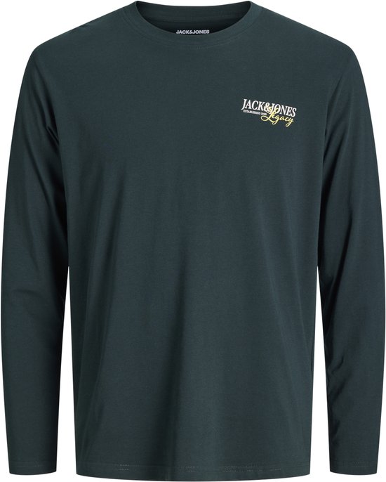 Donkergroen T-shirt met lange mouwen, ronde hals en wit en geel Jack & Jones Legacy-logo op de linkerborst.