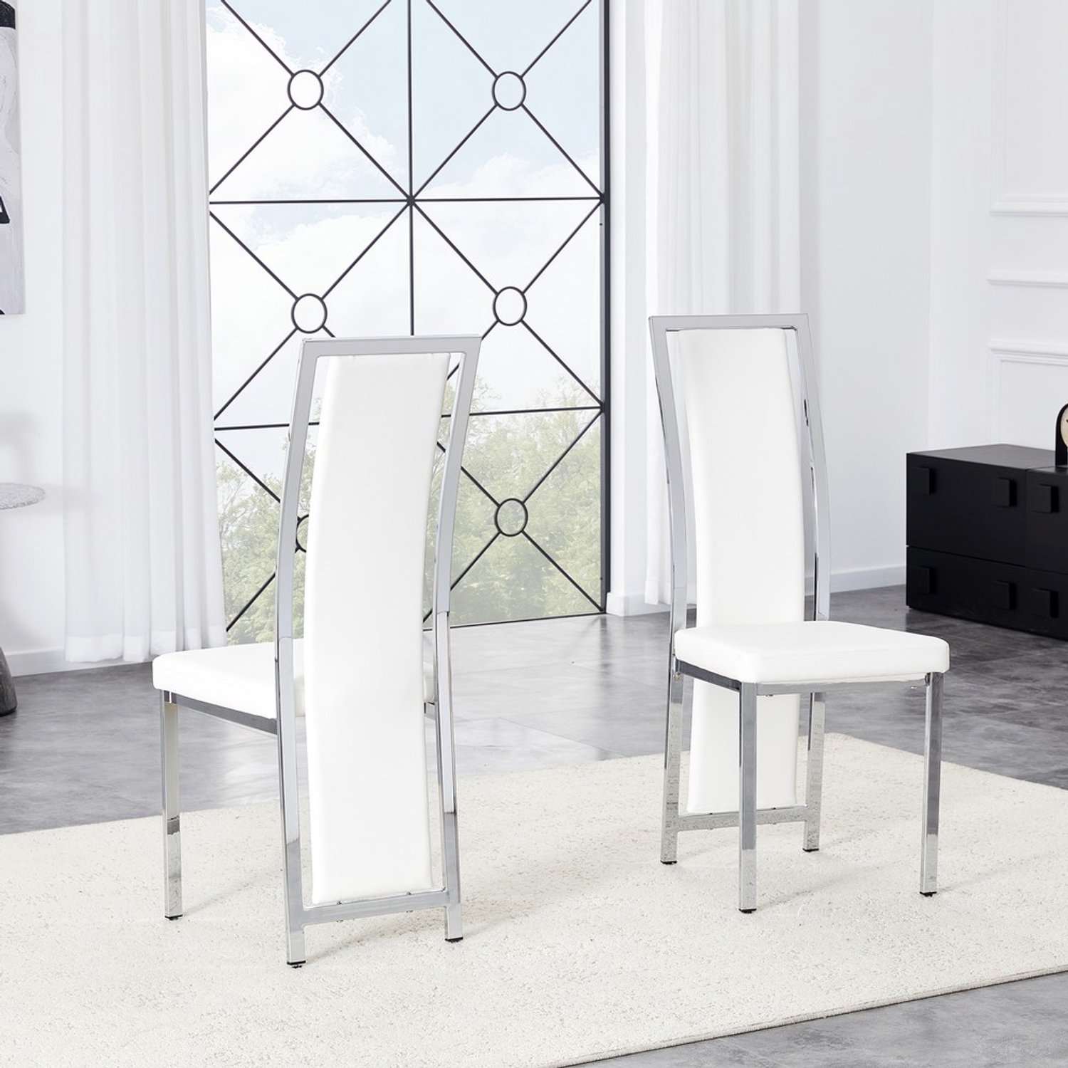 Pugsdrly Eetkamerstoelen - Set van 2 - Wit - PU-leer - Zilveren rand - Glanzend zilverkleurig metalen frame - Hoogte 109 cm - Modern design Wit + zilver