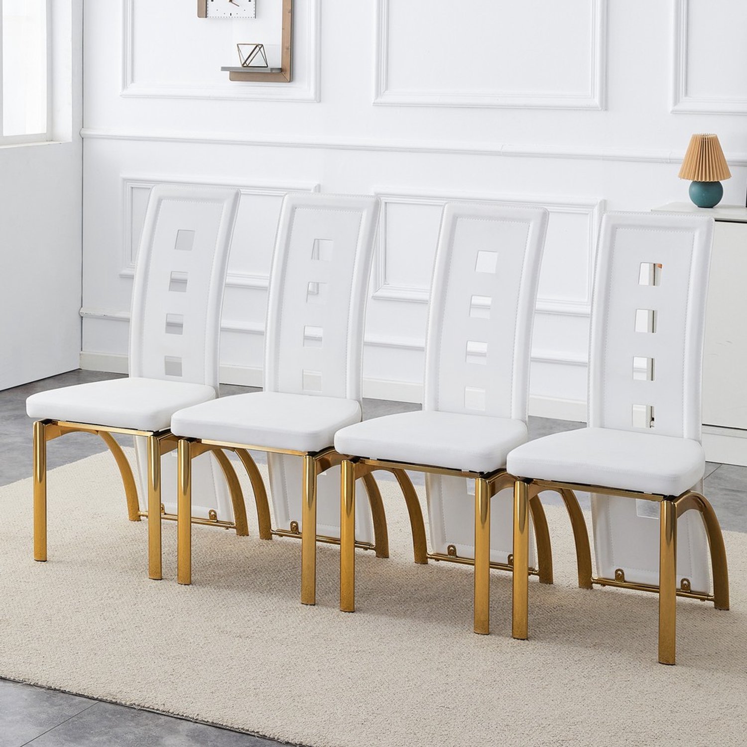 Pugsdrly Eetkamerstoelen - Set van 4 - Matwit - PU-leer - Perforatiepatroon - Goudglanzende metalen poten - Hoogte 102,5 cm - Modern design Wit + goud