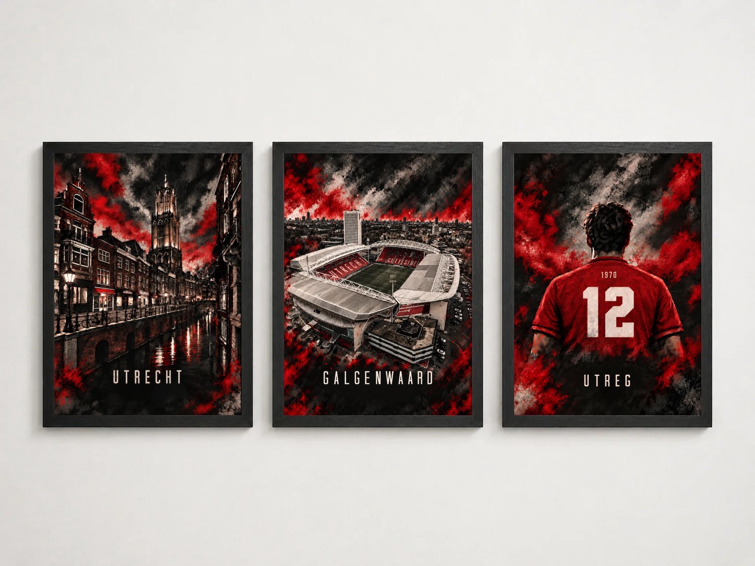 Joshimo FC Utrecht Drieluik Poster | Galgenwaard, Utrecht & Supporter | Inclusief 3 Zwarte A4 Lijsten Rood