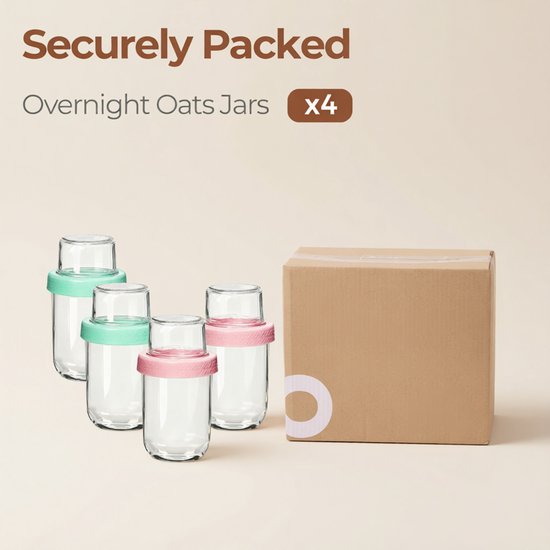 Overnight Oats Beker Set van 4 - 480 ml + 120 ml Gescheiden Vakken - Glazen Yoghurtbekers met Siliconen Hoes en Lekvrij Deksel - Roze & Groen — afbeelding 5