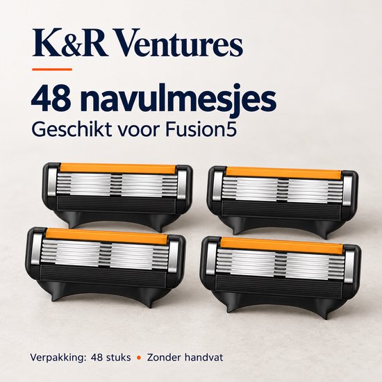 Vier K&R Ventures Fusion5 compatibele navulmesjes met oranje accenten op een lichte ondergrond.