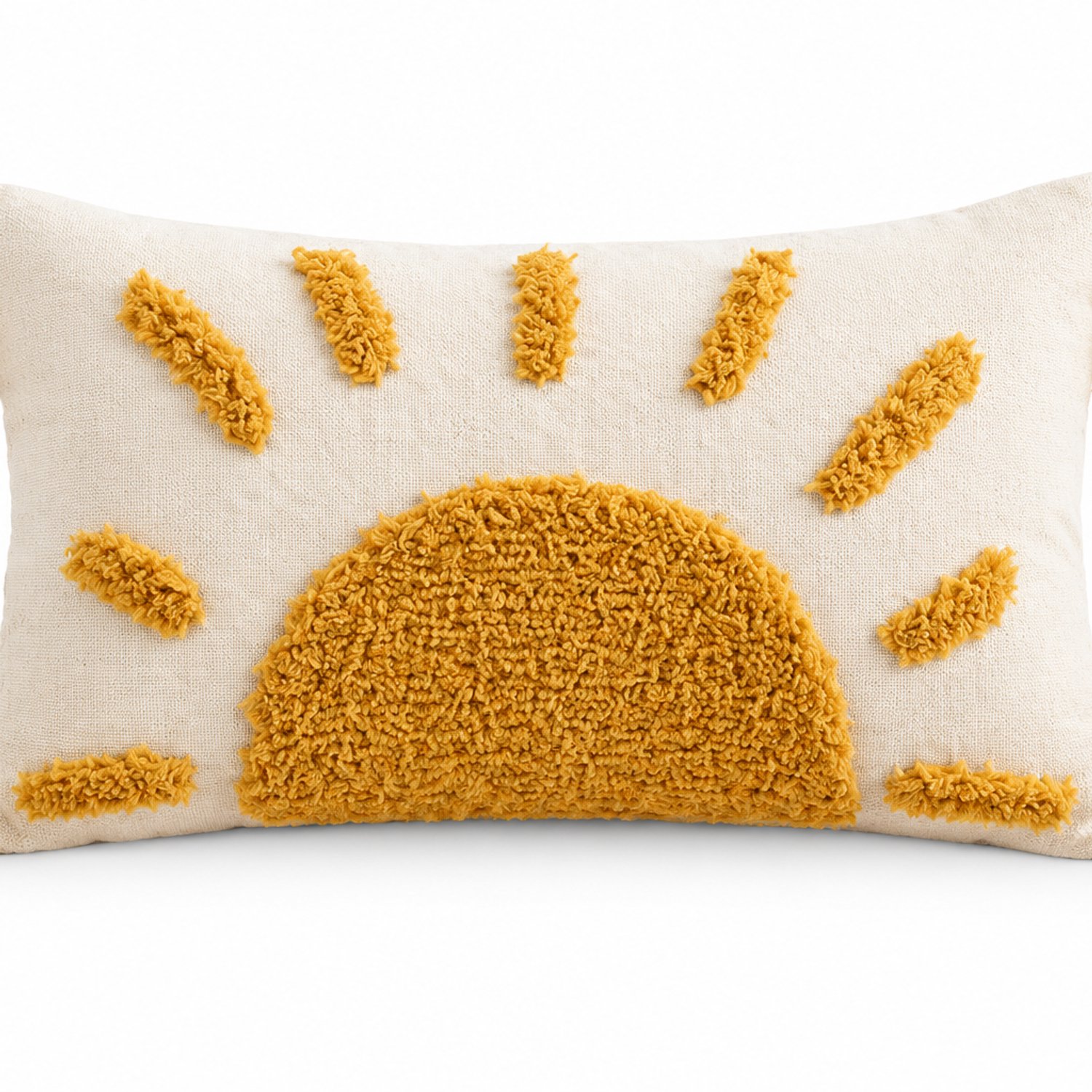 SWGOTA Katoenen kussenhoes 30 x 50 cm met geel getuft zonmotief en hoekkwastjes - 1 stuk, zonder binnenkussen Crème
