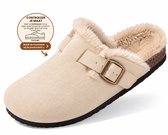 Dames Clogs – Warme Gevoerde Clogs met Gesp – Pantoffels – Stevige Zool – Beige - maat 38 - Voetlengte 26 cm -