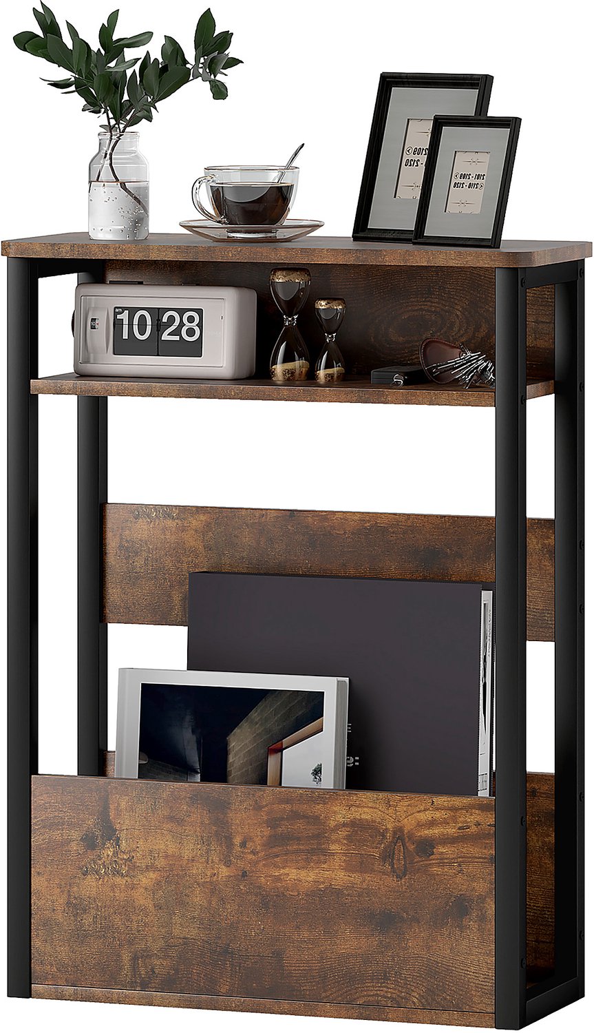 Lunpog Bijzettafel met opbergruimte, smalle bijzettafel met opbergvak, smalle nachtkastje met 3 planken, kleine salontafel voor kleine ruimtes, slaapkamer, woonkamer, kantoor (rustiek bruin) Zwart/Bruin