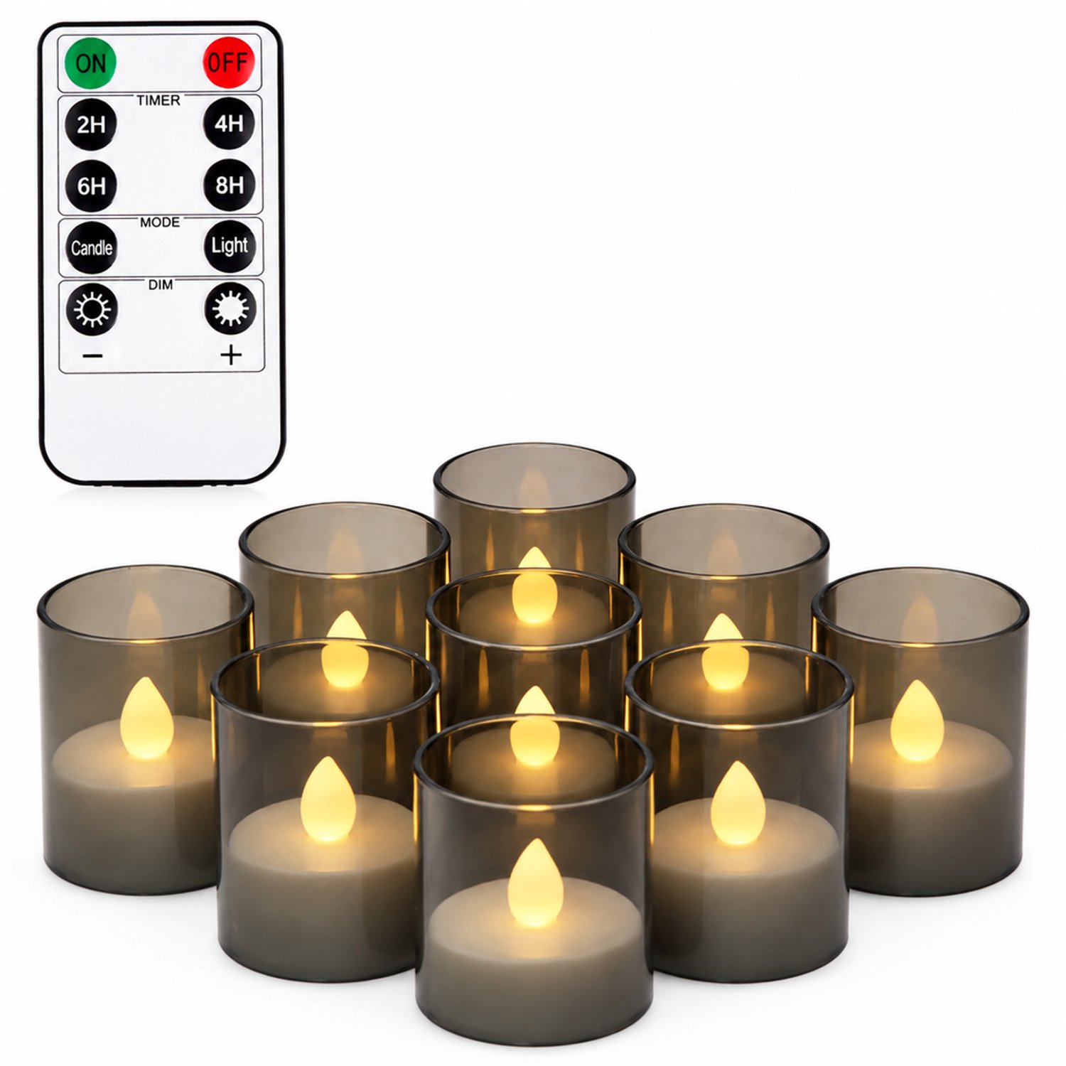 SWGOTA led kaarsen - 12 theelichtjes per doos, grijze bekers, warmgeel vlamlicht, met afstandsbediening en 1 knoopcel voor de afstandsbediening Grijs