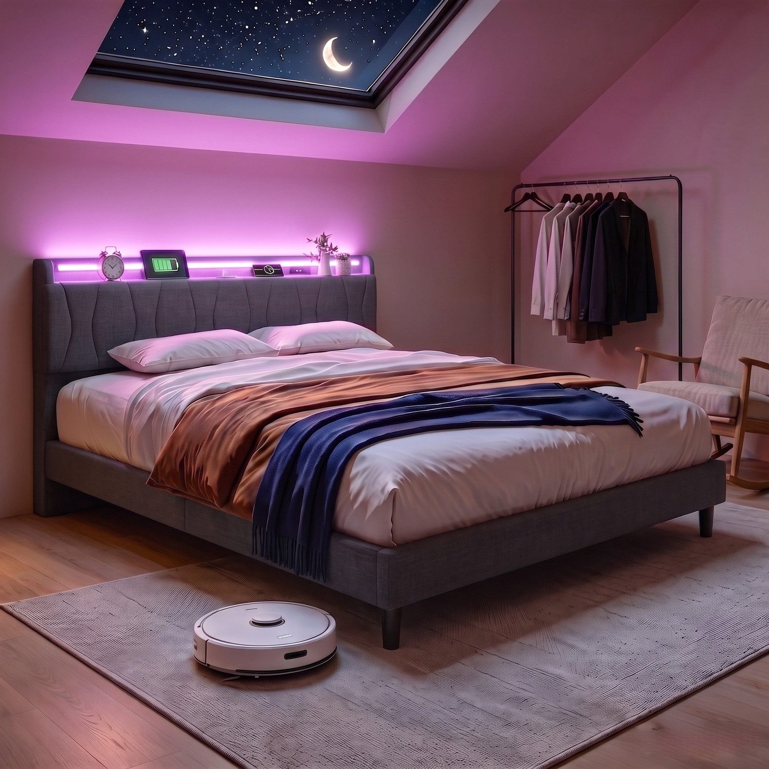 Mofor Gestoffeerd Tweepersoonsbed 160x200 cm met RGB LED-verlichting en USB/Type-C - Hoofdbord met Opbergruimte - Linnen - Grijs