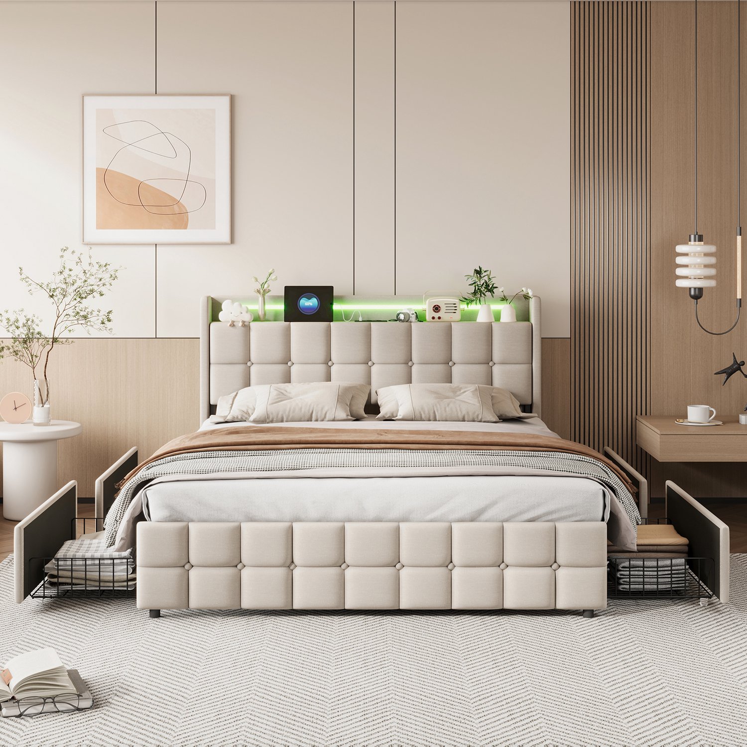 Mofor Gestoffeerd Opbergbed 180x200 cm met 4 Lades, LED-verlichting en USB - Hoofdbord met Opbergruimte - Linnen - Beige