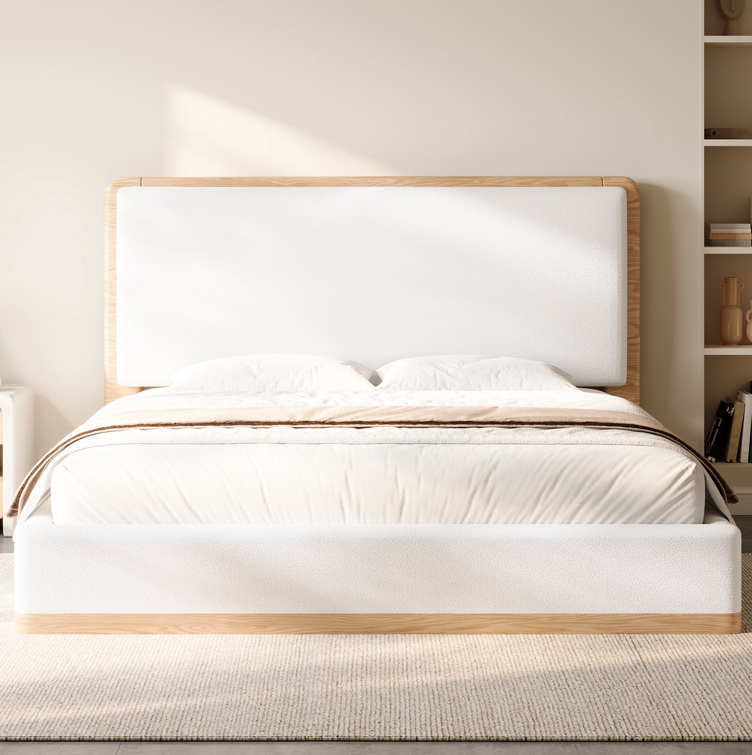 FloraGrace Gestoffeerd Bed 180x200cm - Tweepersoonsbed met Hoofdbord - Met Lattenbodem - Zonder Matras - Stof en MDF - Wit en Naturel Houtkleur