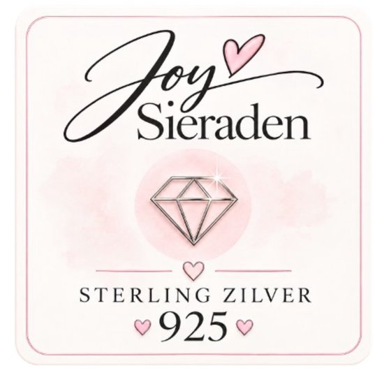Logo van Joy Sieraden met een zilveren diamant-icoon, roze accenten en de tekst 'STERLING ZILVER 925'.