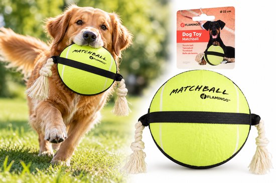 Gele Flamingo Matchball tennisbal van 22 cm met zwart touw, gedragen door een golden retriever.
