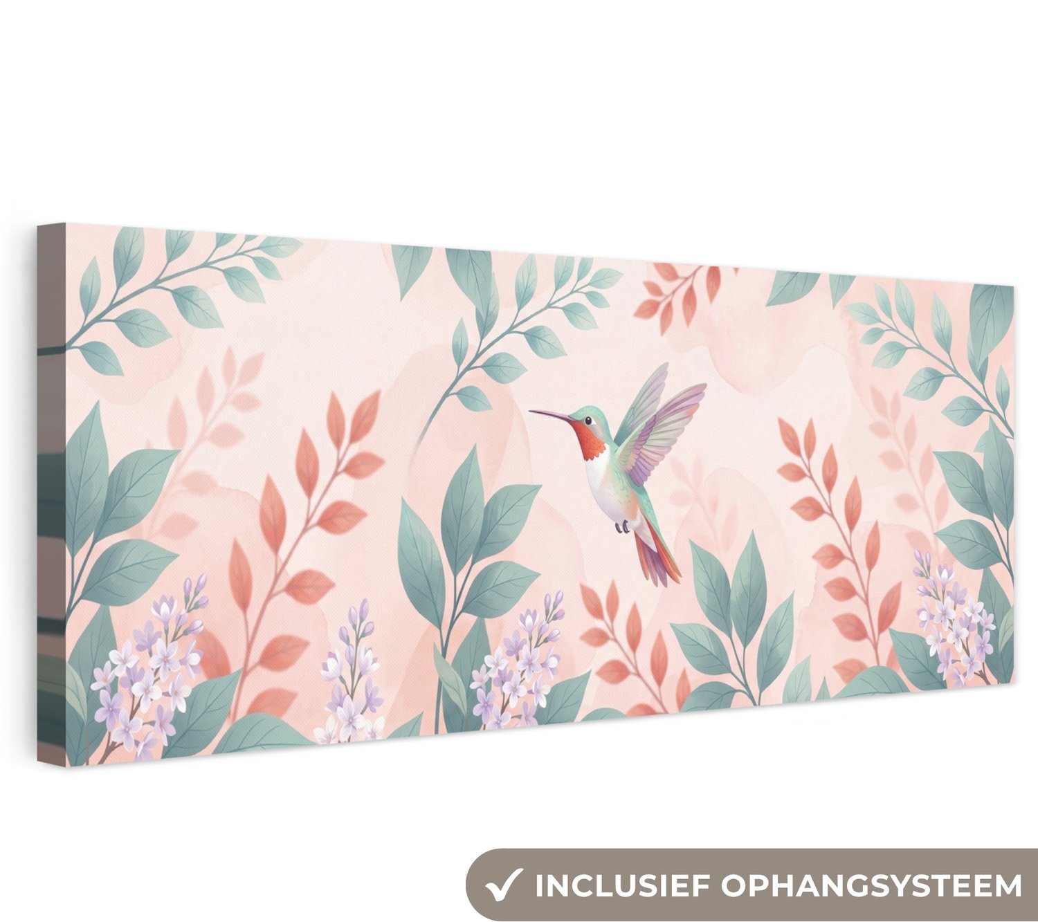 Canvas schilderij 120x40 cm - Exclusieve wanddecoratie Kolibrie - Vliegen - Natuur - Illustratie - Kleurrijk - Muurdecoratie woonkamer - Slaapkamer decoratie - Kamer accessoires - Schilderijen op canvas