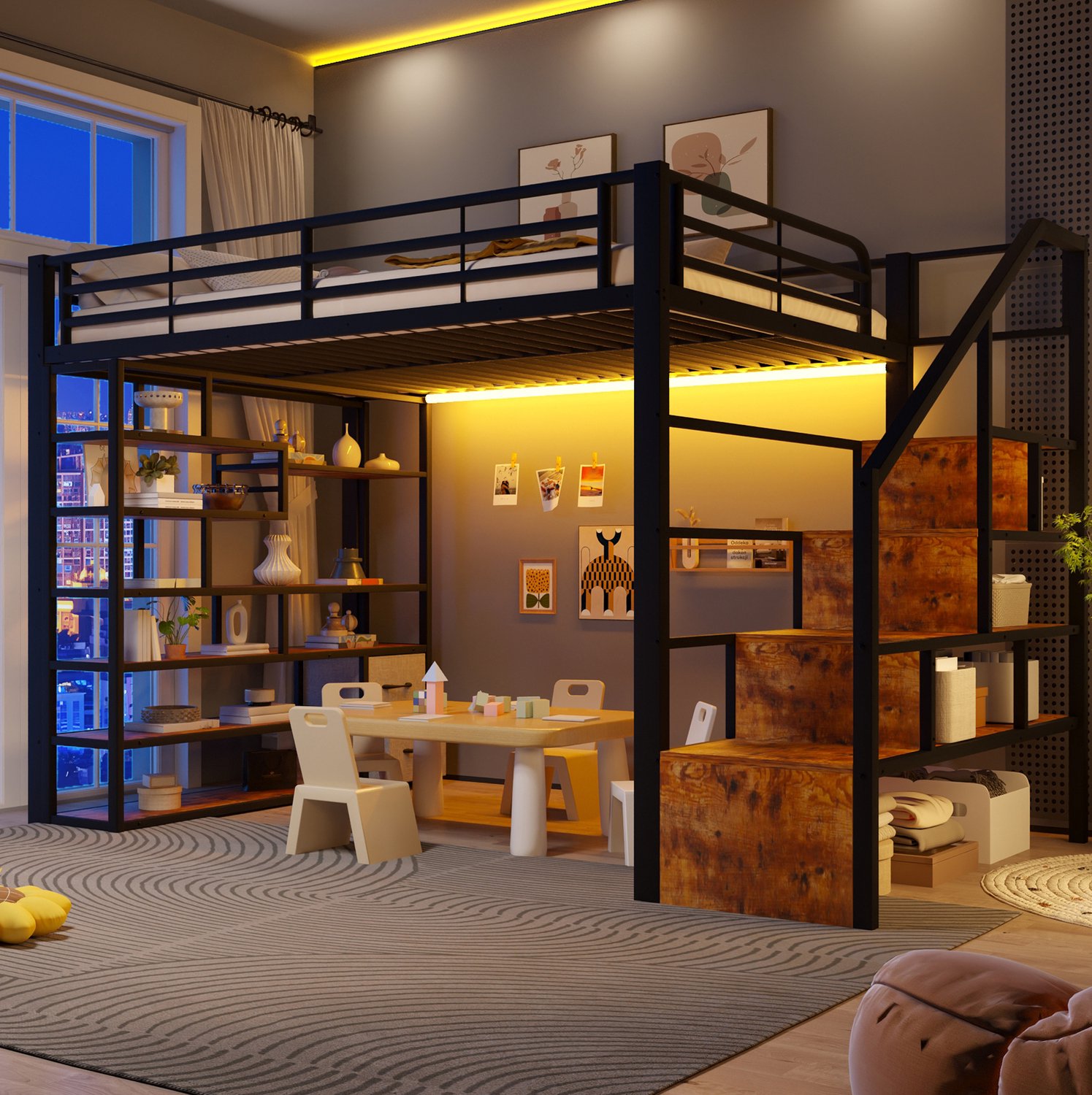 MODFU Hoogslaper - Met Opberglades, Trap En Ledverlichting - Metaal En MDF - Zwart - 140 X 200 Cm Zwart, wit