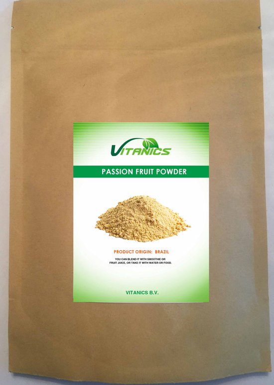Bruine stazak met Vitanics passievruchtpoeder, herkomst Brazilië, voor smoothies of sap.