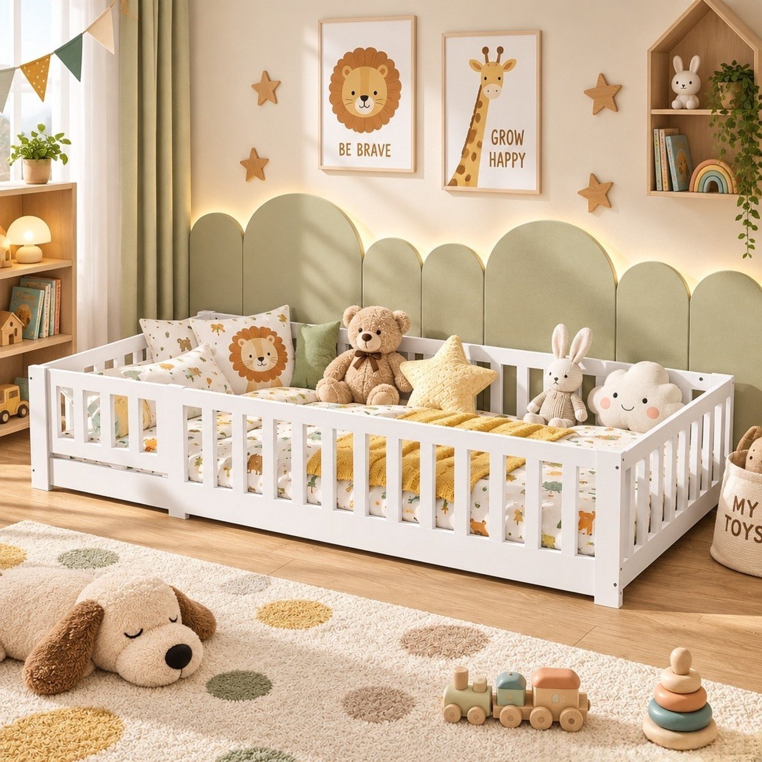 Mofor Montessori kinderbed 90x200 cm - houten vloerbed met uitvalbeveiliging en lattenbodem - wit