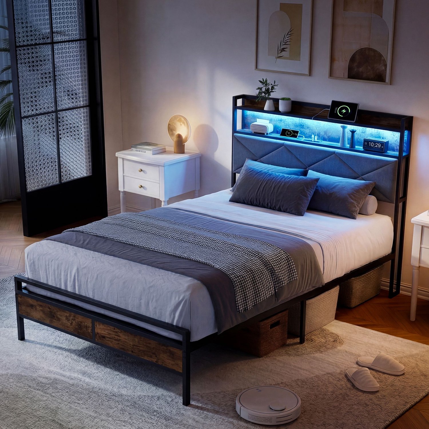 Mofor Eenpersoonsbed 90x200 cm met LED-verlichting en USB-poorten - metalen en houten frame - grijs en bruin