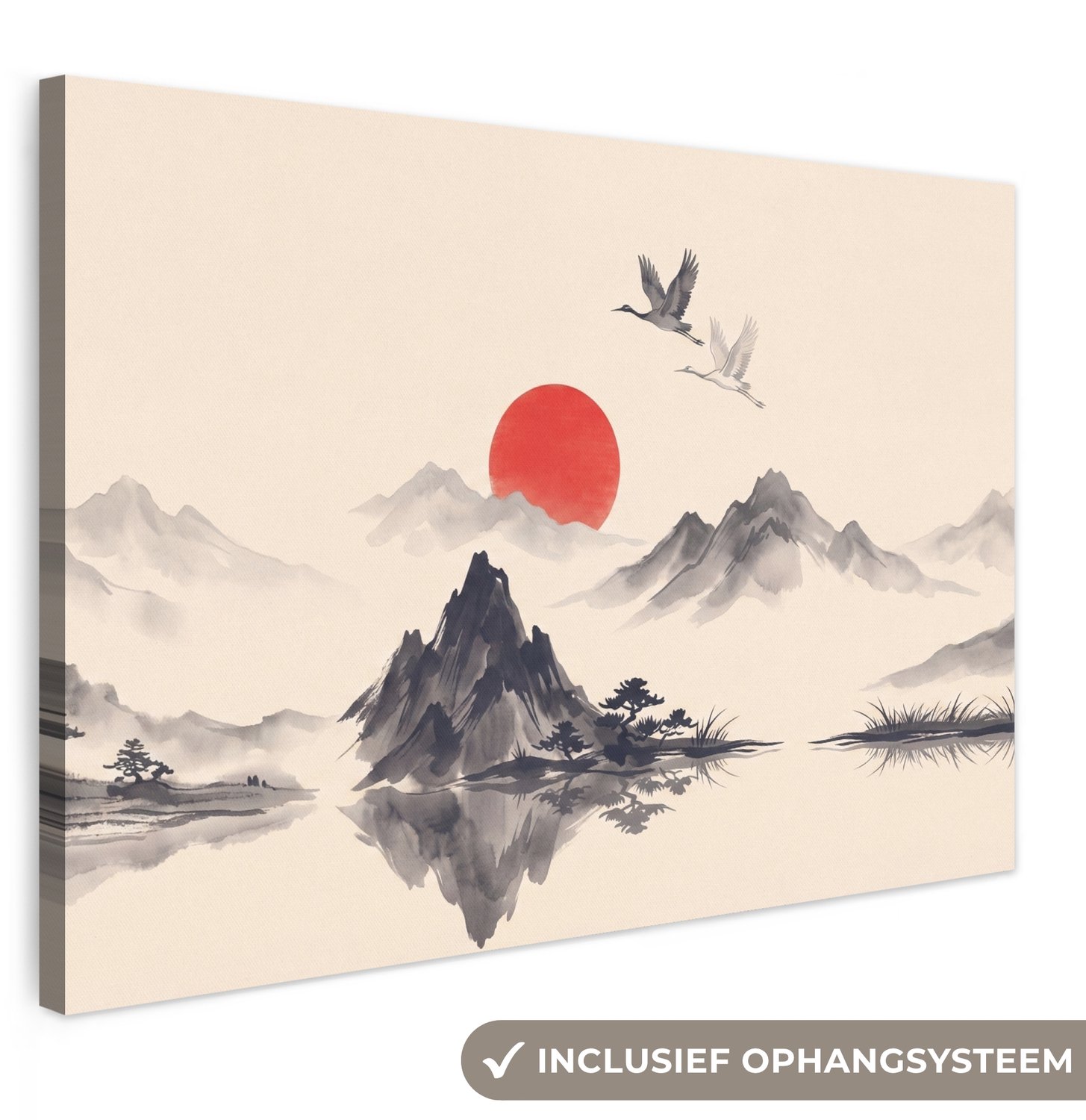 Canvas schilderij 150x100 cm - Exclusieve wanddecoratie Oosters - Kraanvogels - Landschap - Muurdecoratie woonkamer - Slaapkamer decoratie - Kamer accessoires - Schilderijen op canvas groot XXL