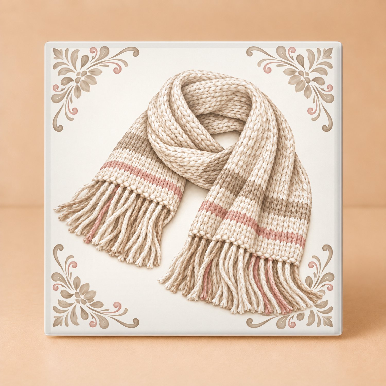 Bedruk King Sfeervolle Gebreide Sjaal Tegel – Decoratieve Keramieken Tegel met Wintersfeer voor Breiers en Liefhebbers van Gezelligheid - 11 x 11 cm Wit