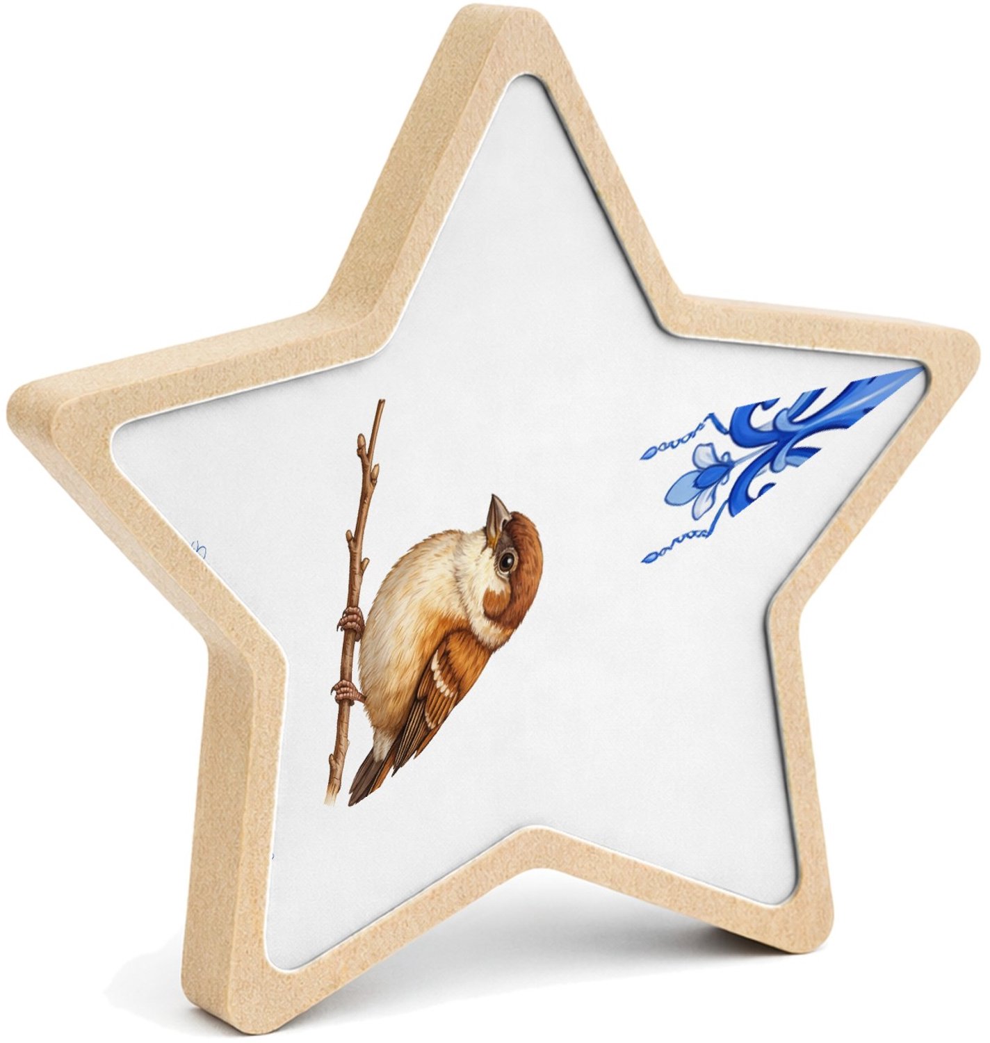 Mr Cadeautjes MDF fotolijst ster 14 x 13,5 - design Een sierlijke vlinder centraal op een zachte botanische rand | cadeau Wit