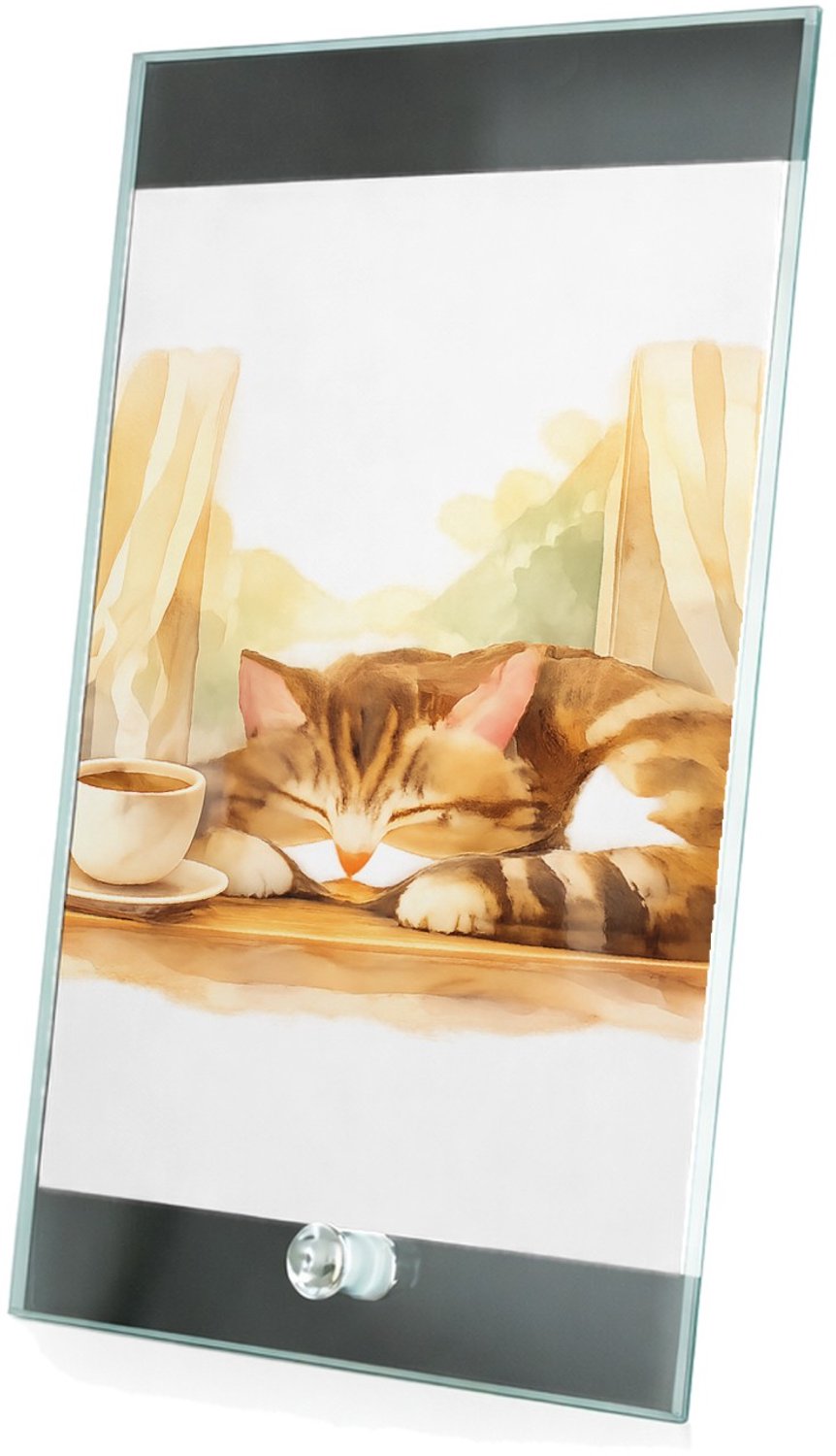 Mr Cadeautjes Glasframe 15 x 23 - design Een slapende kat op een vensterbank met een kopje thee en za | cadeau Wit