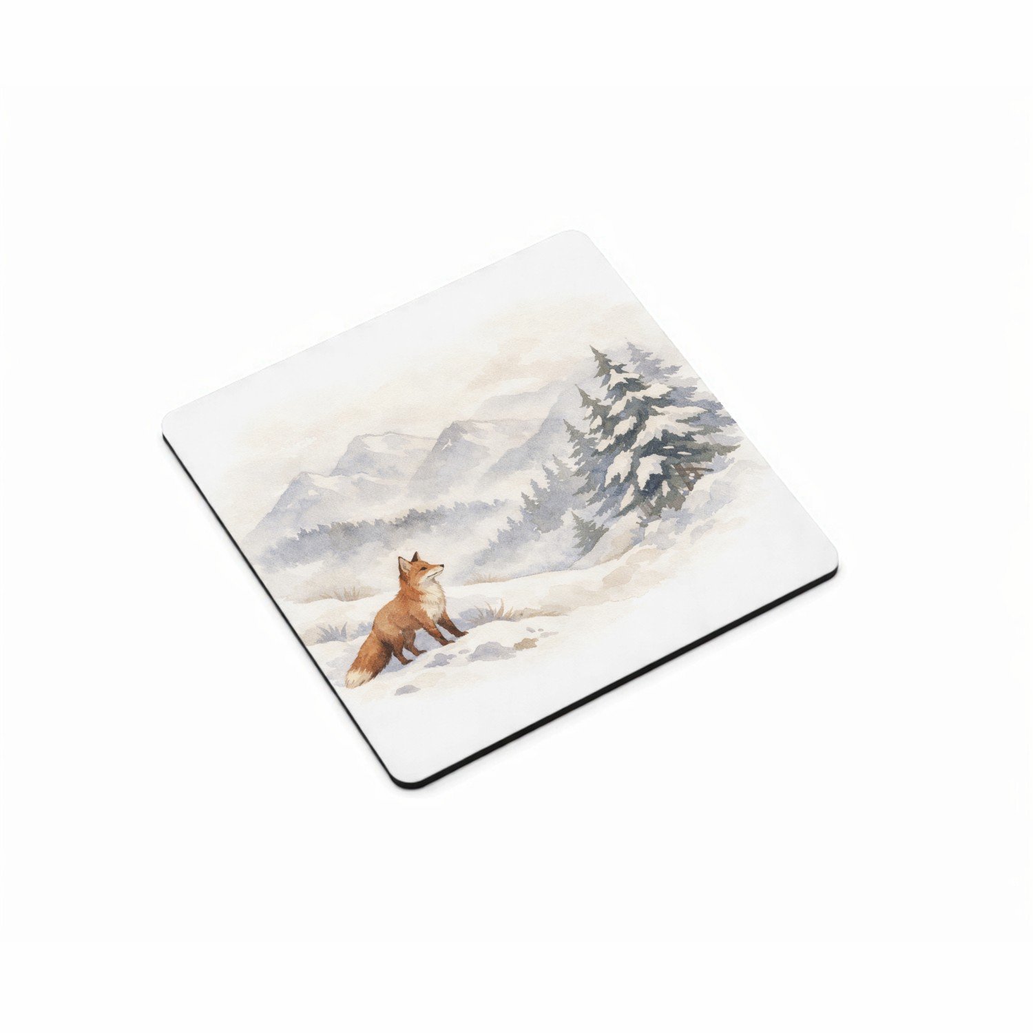 Mr Cadeautjes MDF magnetische fotolijst vierkant 9,5 - design Een bergwinter-scène met een vos die op een besneeuwde helli | cadeau Wit