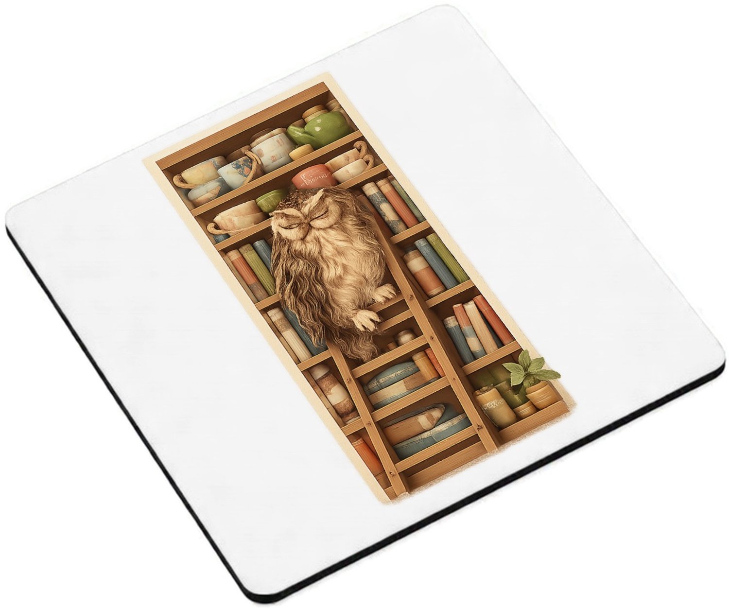 Mr Cadeautjes MDF magnetische fotolijst vierkant 9,5 - design Een slaperige uil op een ladder naast een hoge plank met the | cadeau Wit