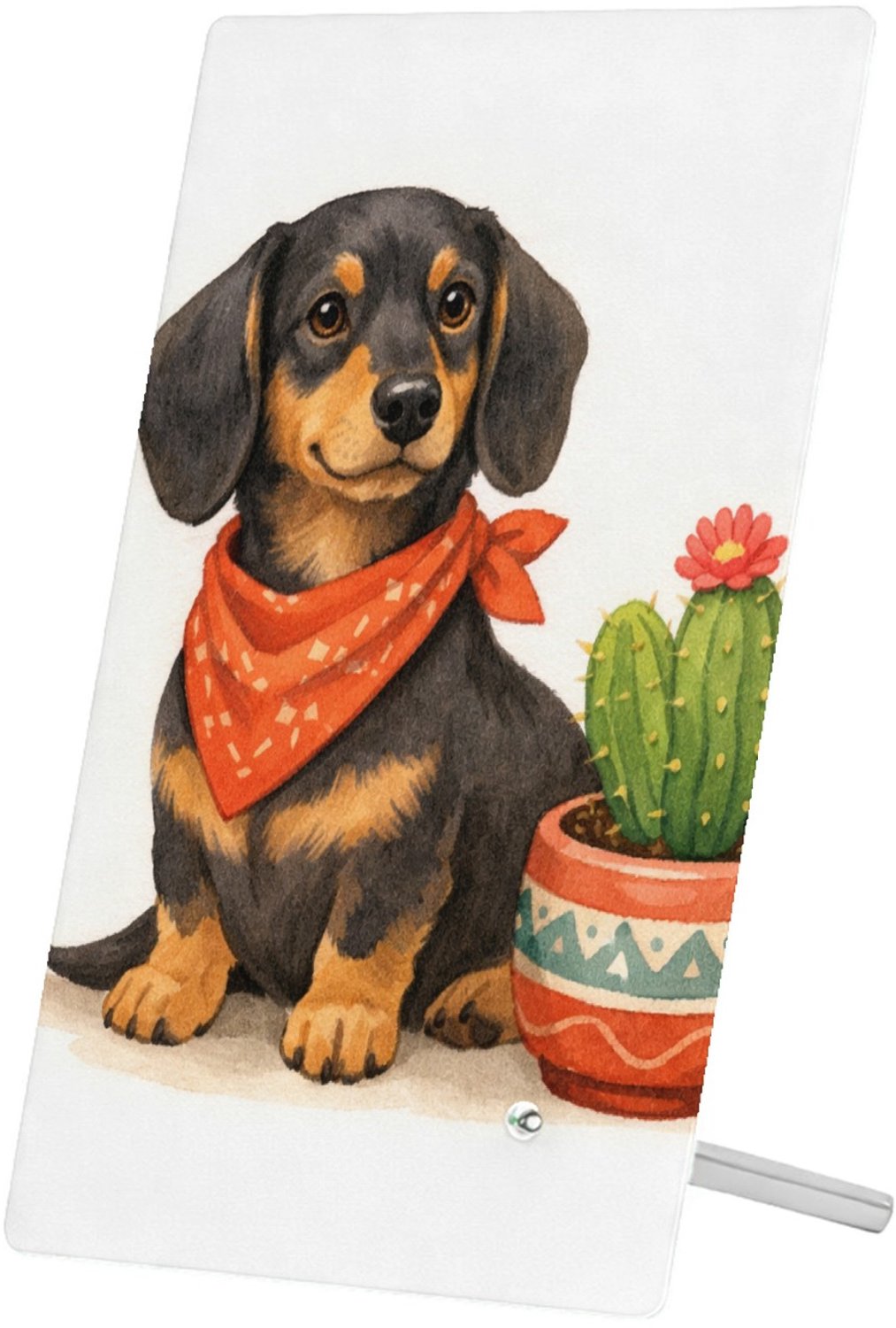 Mr Cadeautjes Glasframe 11 x 16 - design Een eigenwijze teckel met een bandana, naast een kleine cact | cadeau Wit