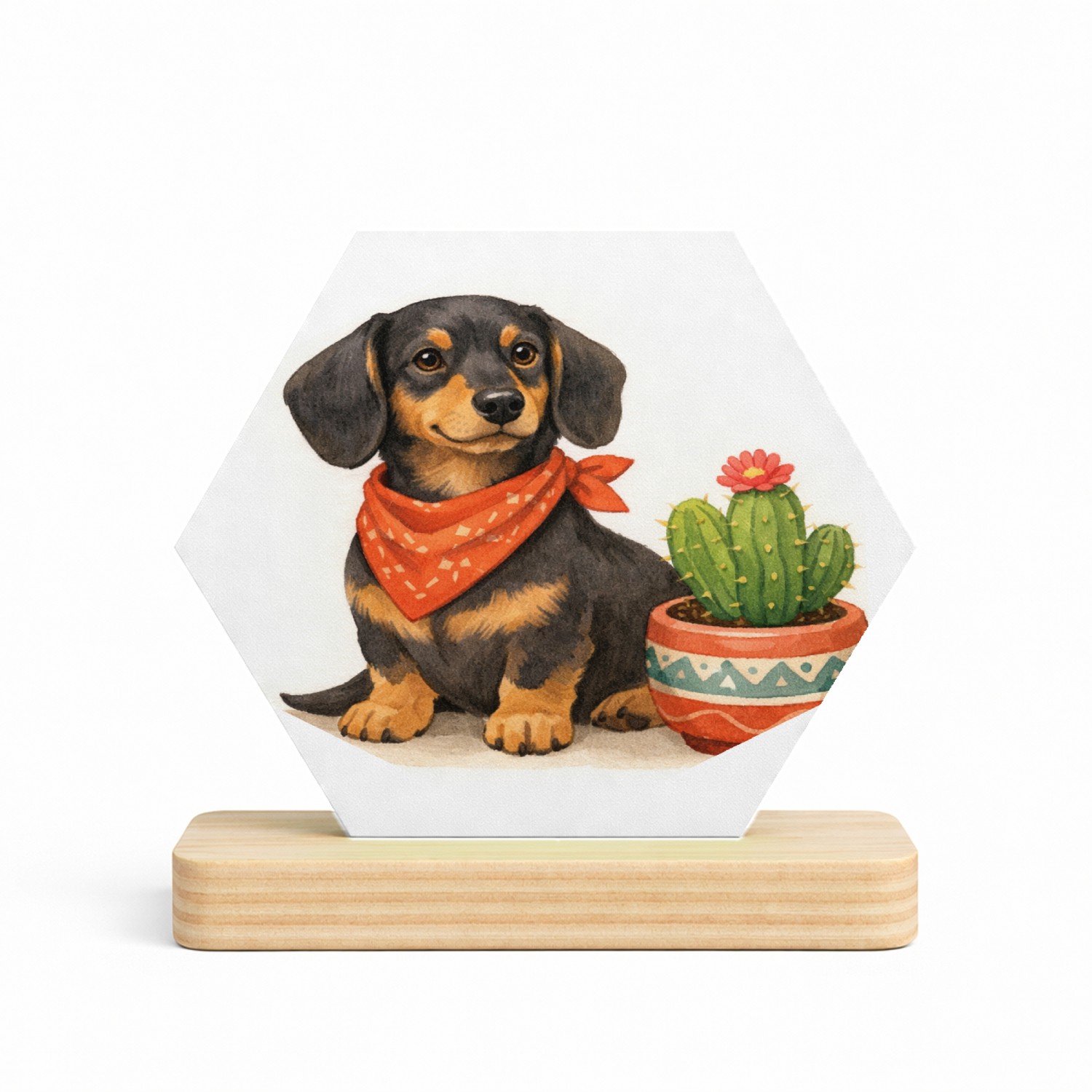 Mr Cadeautjes MDF fotolijst/inleg hexagon 14 x 13 - design Een eigenwijze teckel met een bandana, naast een kleine cact | cadeau Wit