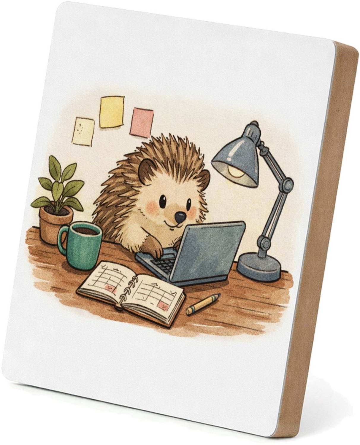 Mr Cadeautjes MDF staande fotolijst 15,2 x 15,2 - design Een egel in een kleine thuiswerkhoek met post-its, planner e | cadeau Wit