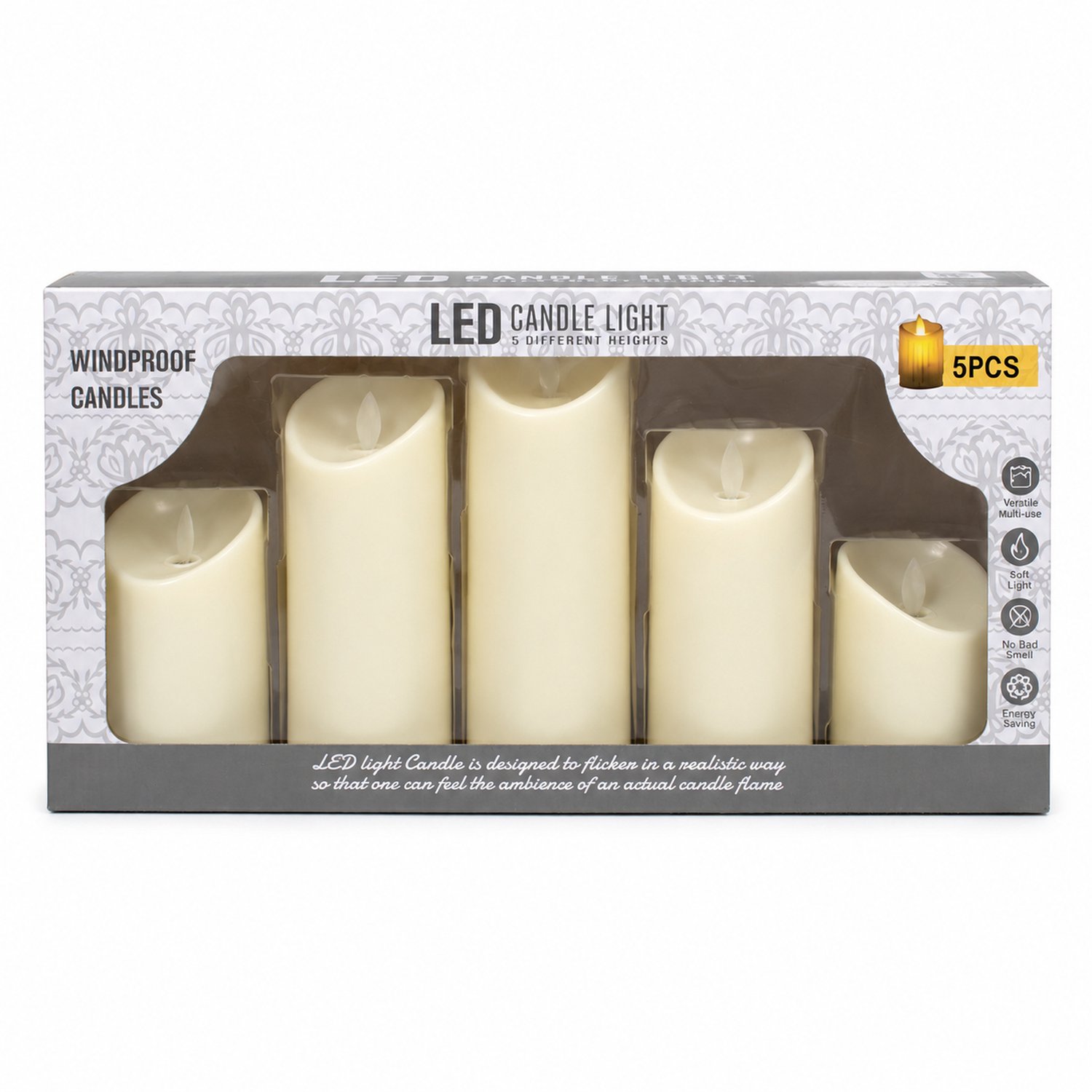 SWGOTA led kaarsen, set van 5, ivoorwit, diameter 7,5 cm, hoogtes 10/12,5/15/17,5/20 cm, op batterijen, in vensterdoos, zonder batterijen